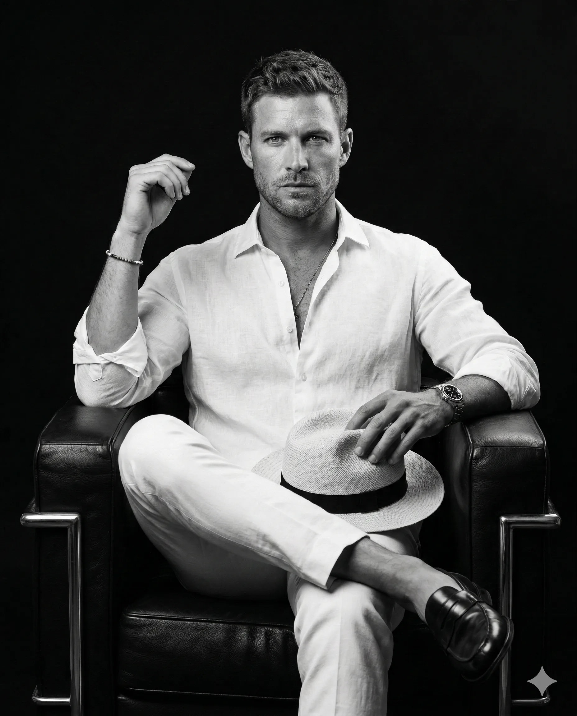 Monochrome Man in White Linen Suit AI Photo Editing Prompt. AI generated studio portrait of a man in a white linen shirt and trousers sitting in a black leather armchair while holding a straw hat.