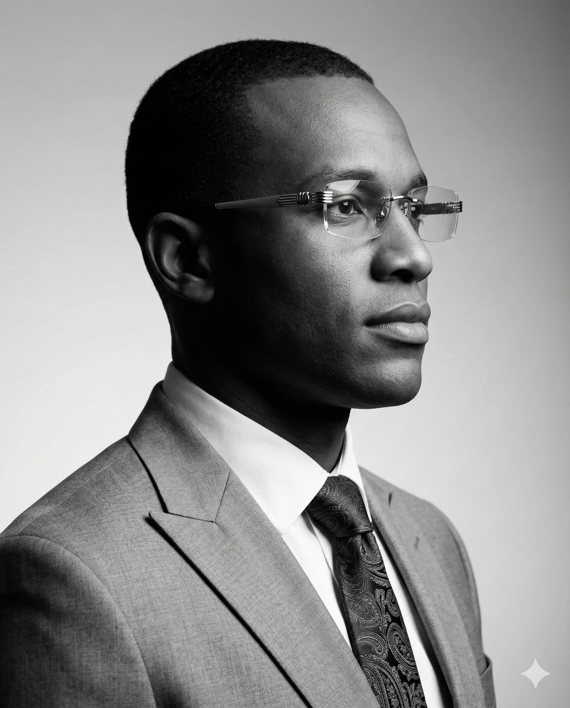 Professional Man in Monochrome Suit AI Photo Editing Prompt. AI generated monochrome studio portrait of a Black man wearing a suit, paisley tie, and rimless glasses.