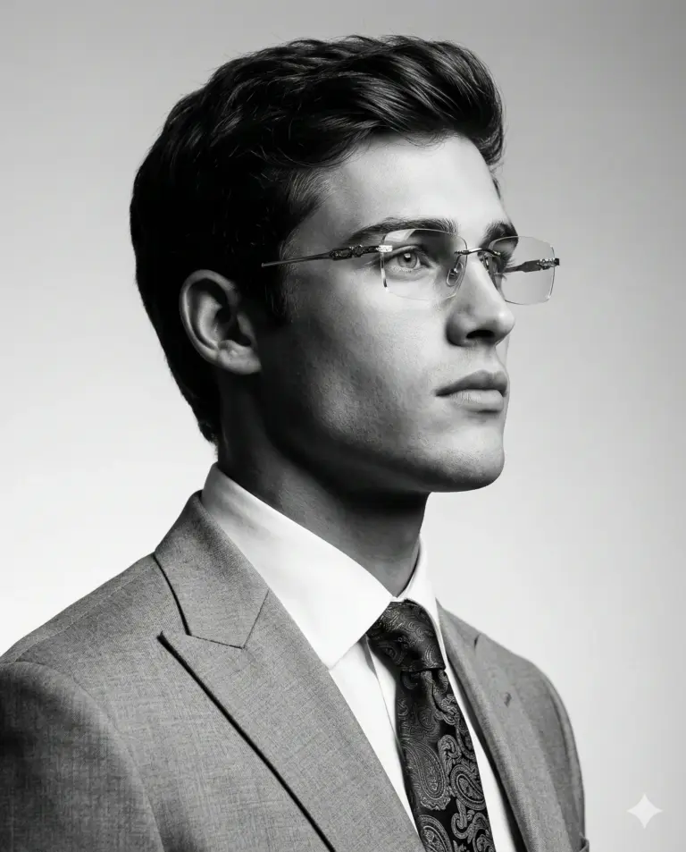 Man in Suit and Glasses AI Photo Editing Prompt. AI generated studio portrait of a young man wearing rimless glasses and a textured suit with a paisley tie in a black and white profile view.
