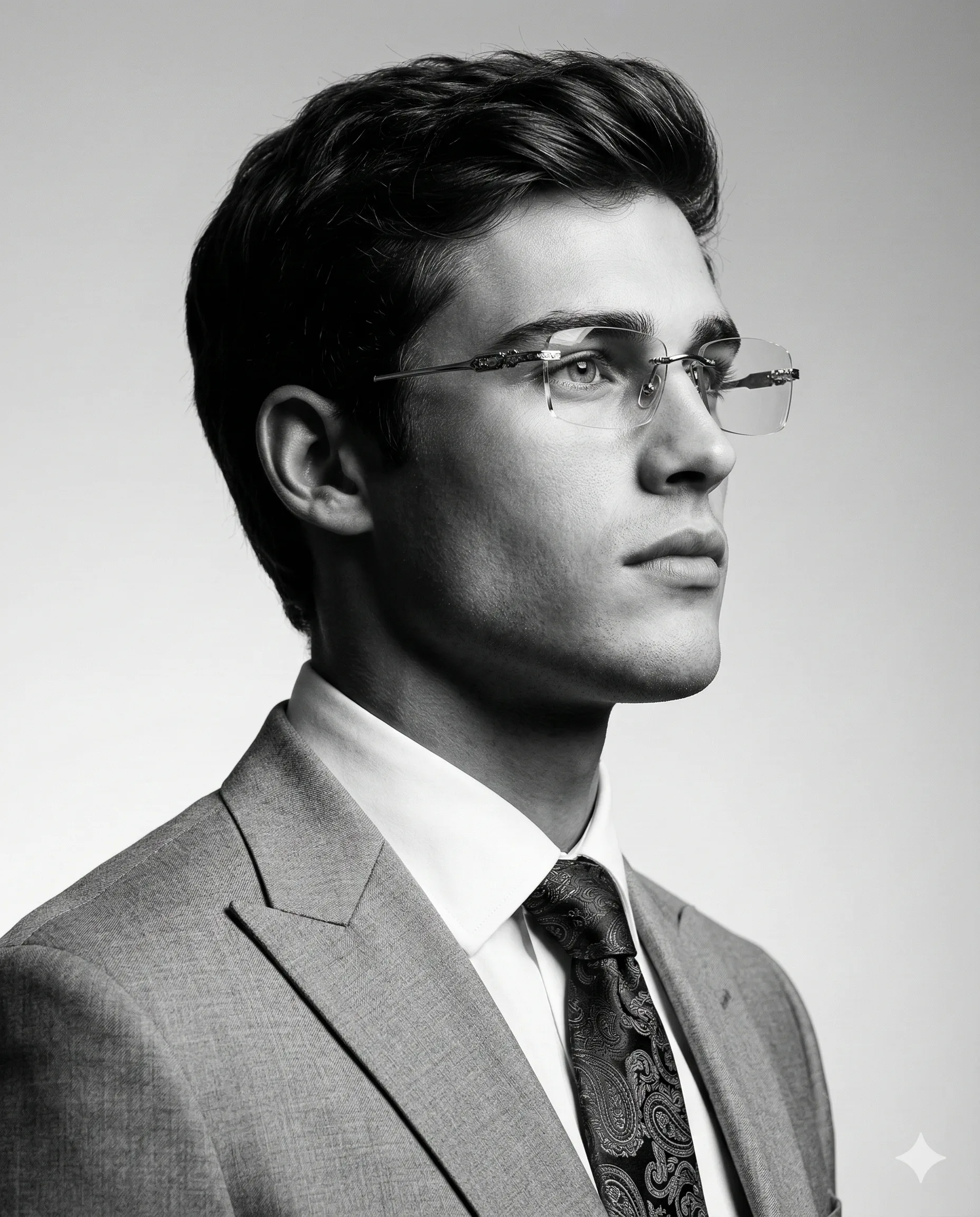 Man in Suit and Glasses AI Photo Editing Prompt. AI generated studio portrait of a young man wearing rimless glasses and a textured suit with a paisley tie in a black and white profile view.