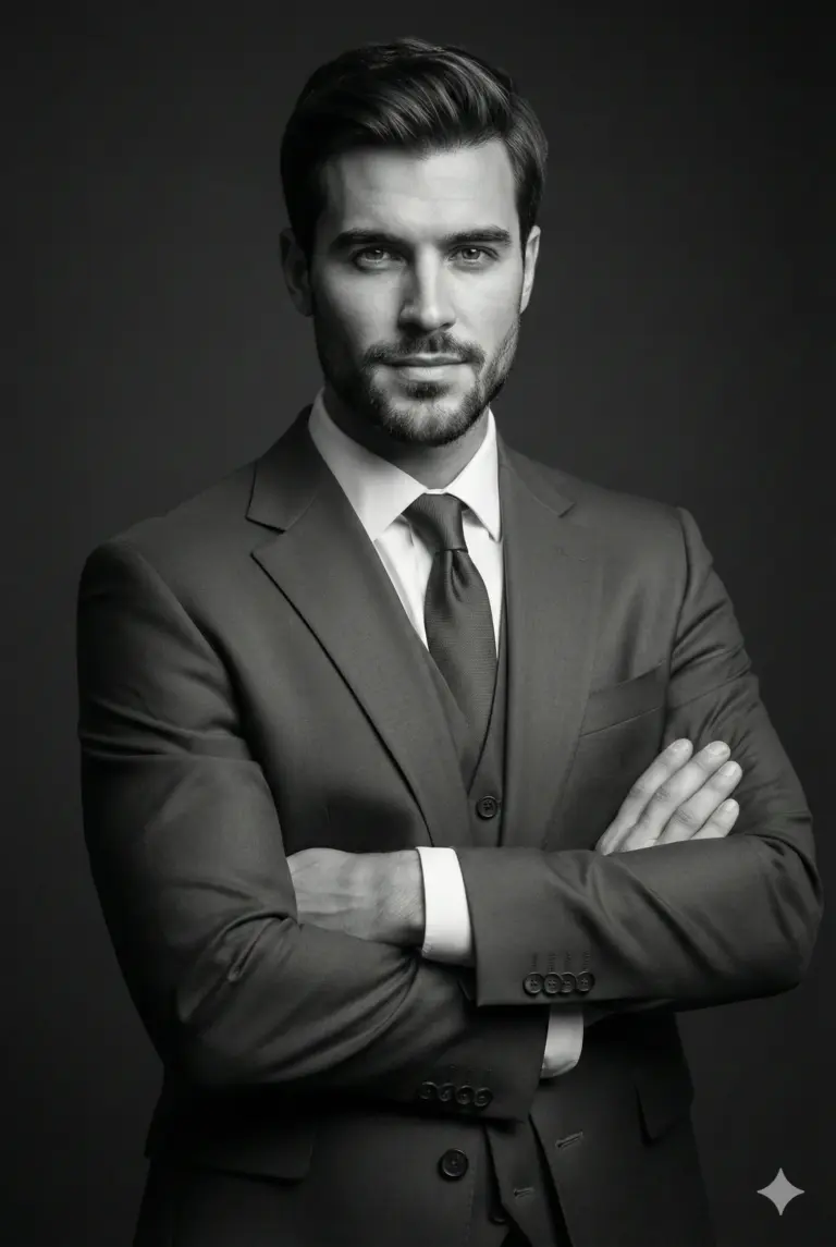 A sharp monochrome portrait of a man in a sleek three-piece suit, arms crossed with quiet confidence against a dark, moody backdrop.
