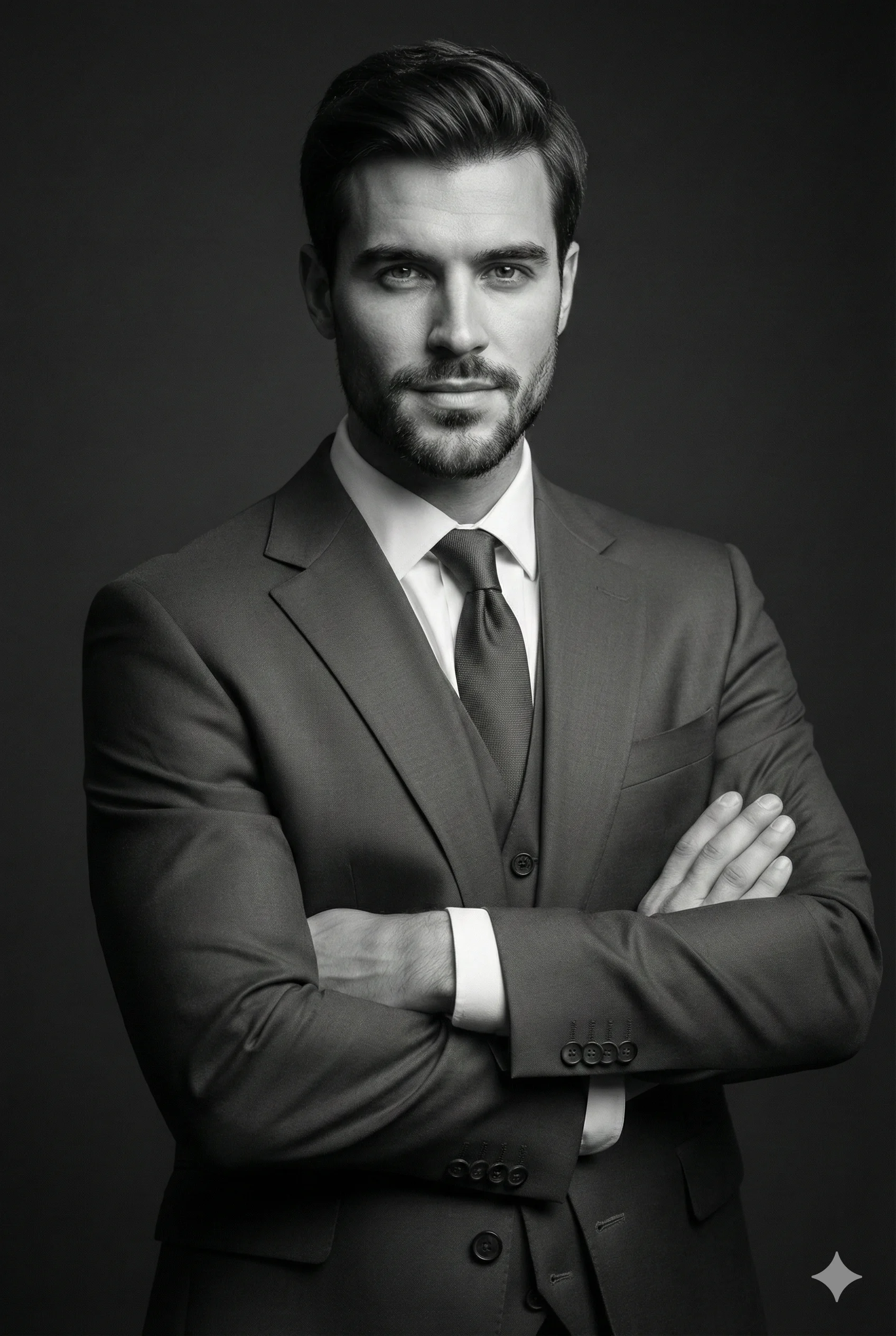A sharp monochrome portrait of a man in a sleek three-piece suit, arms crossed with quiet confidence against a dark, moody backdrop.
