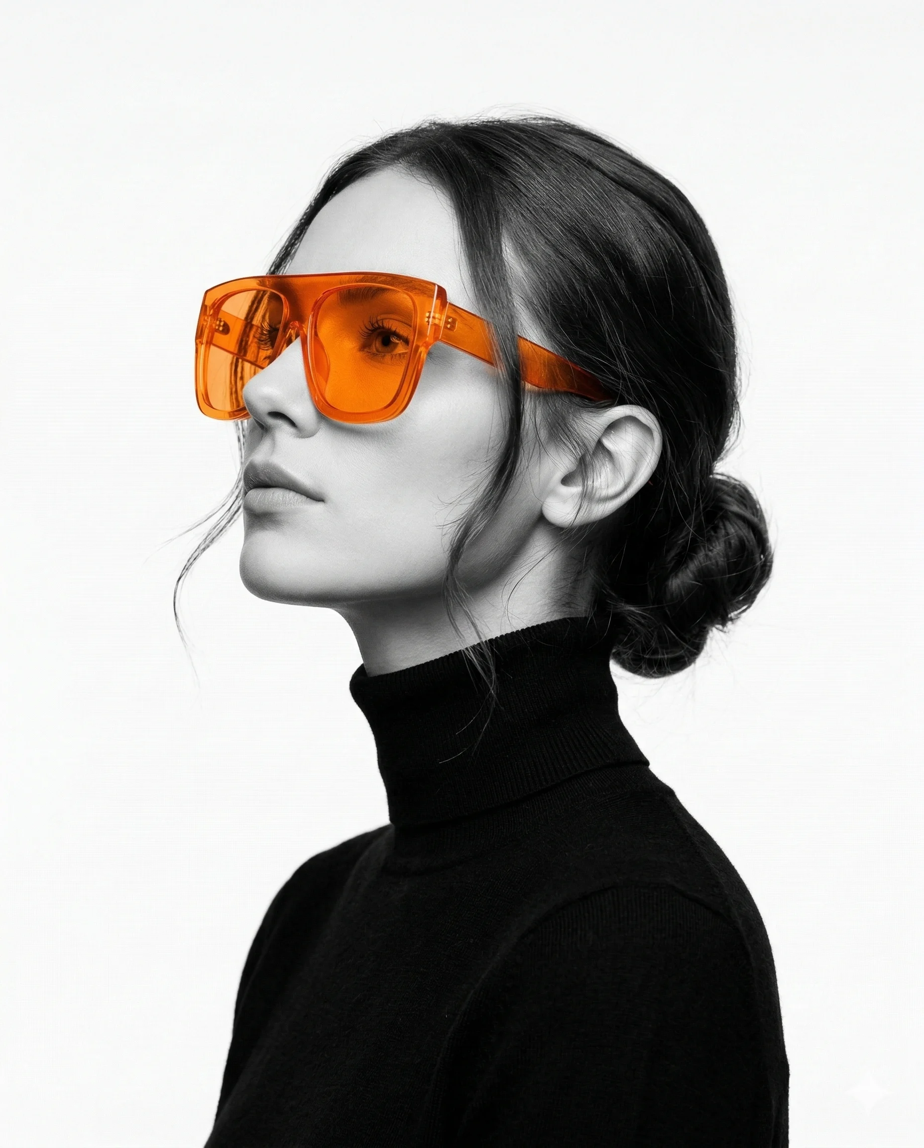 Woman in Orange Glasses AI Photo Editing Prompt. AI generated monochrome studio portrait of a woman in a black turtleneck wearing vibrant translucent orange glasses.
