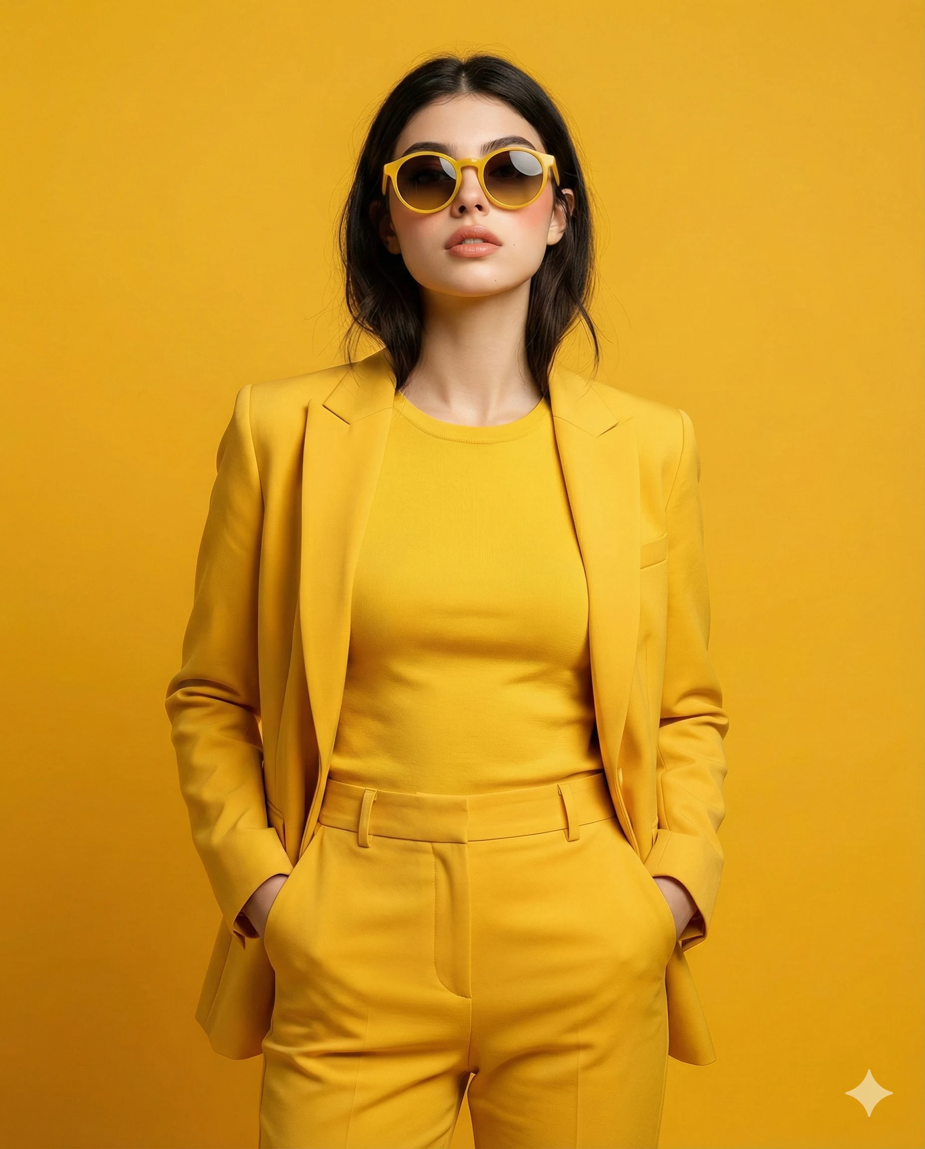 Woman in Yellow Monochrome Suit AI Photo Editing Prompt. AI generated studio portrait of a young woman wearing a yellow blazer, t-shirt, and sunglasses against a matching yellow background.
