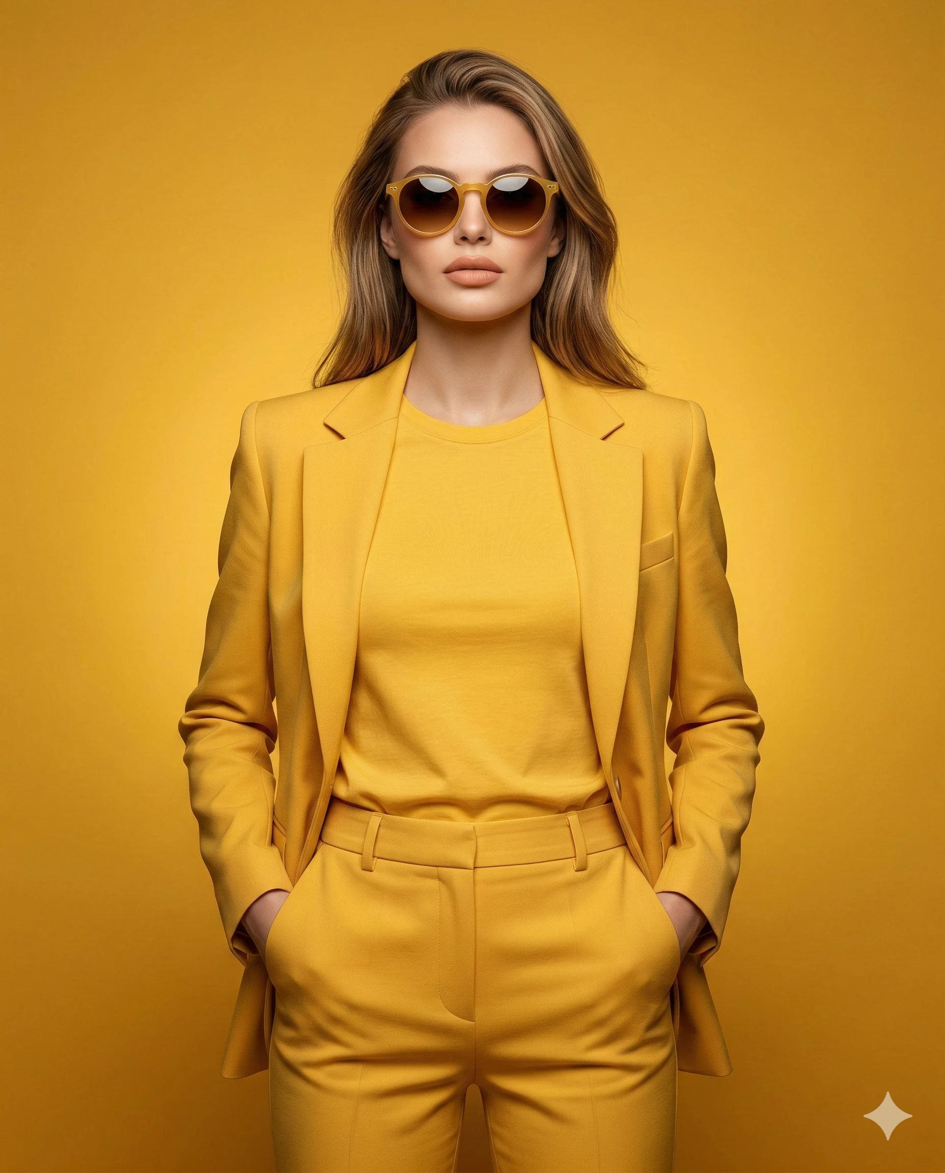 Woman in Monochrome Yellow Suit AI Photo Editing Prompt. AI generated studio portrait of a woman wearing a monochrome yellow suit and sunglasses posing with hands in her pockets against a solid yellow background.