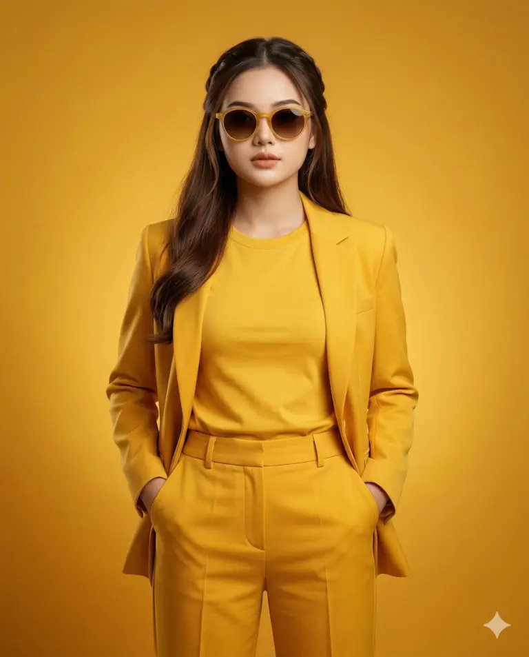 Woman in Monochrome Yellow Suit AI Photo Editing Prompt. AI generated studio portrait of a young woman wearing a yellow blazer and sunglasses posing against a matching yellow background.