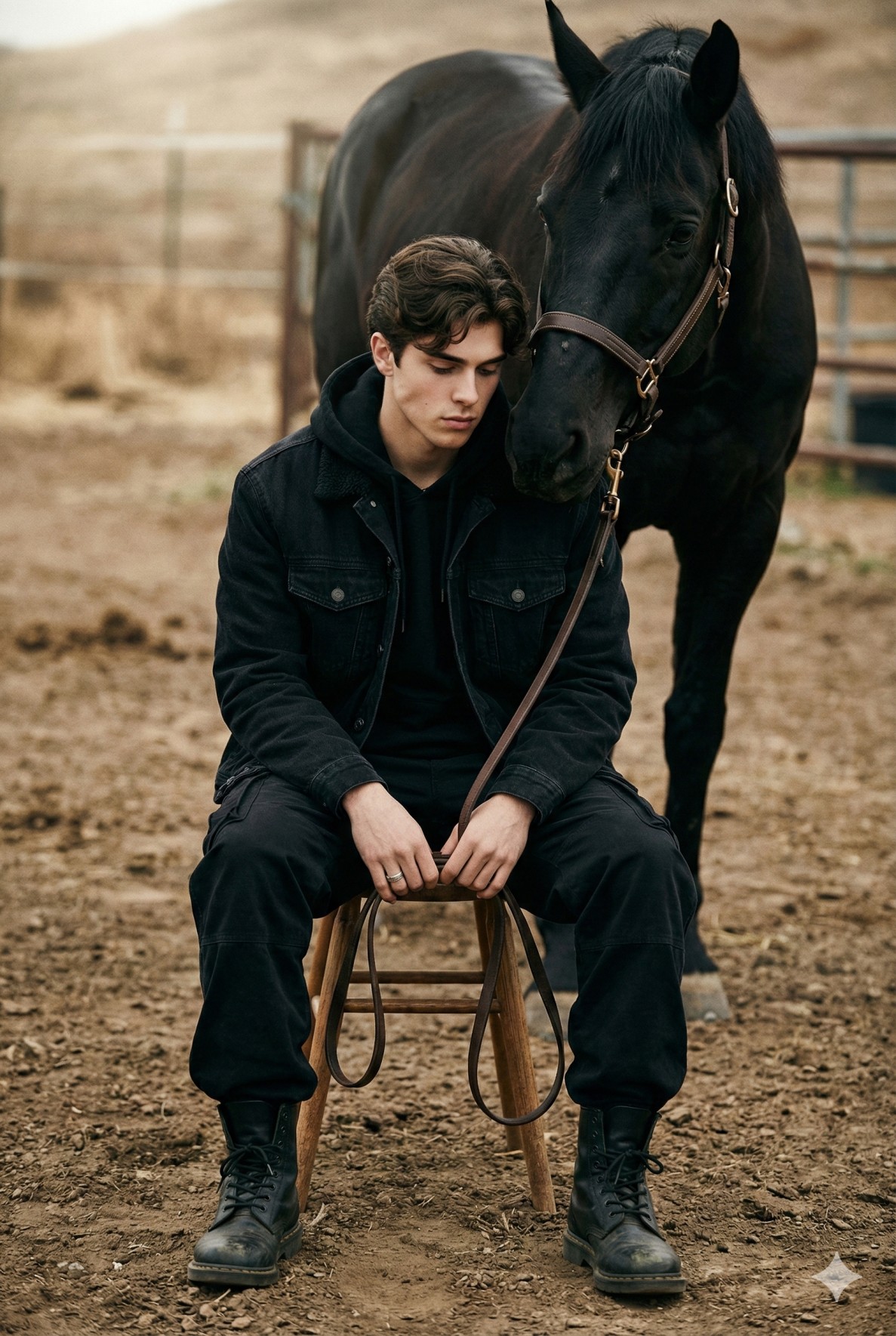 Gemini AI Generated Image: A young man in black sits on a rustic stool with a majestic black horse standing closely behind him on a dusty ranch. A moody, cinematic portrait with a somber atmosphere.
