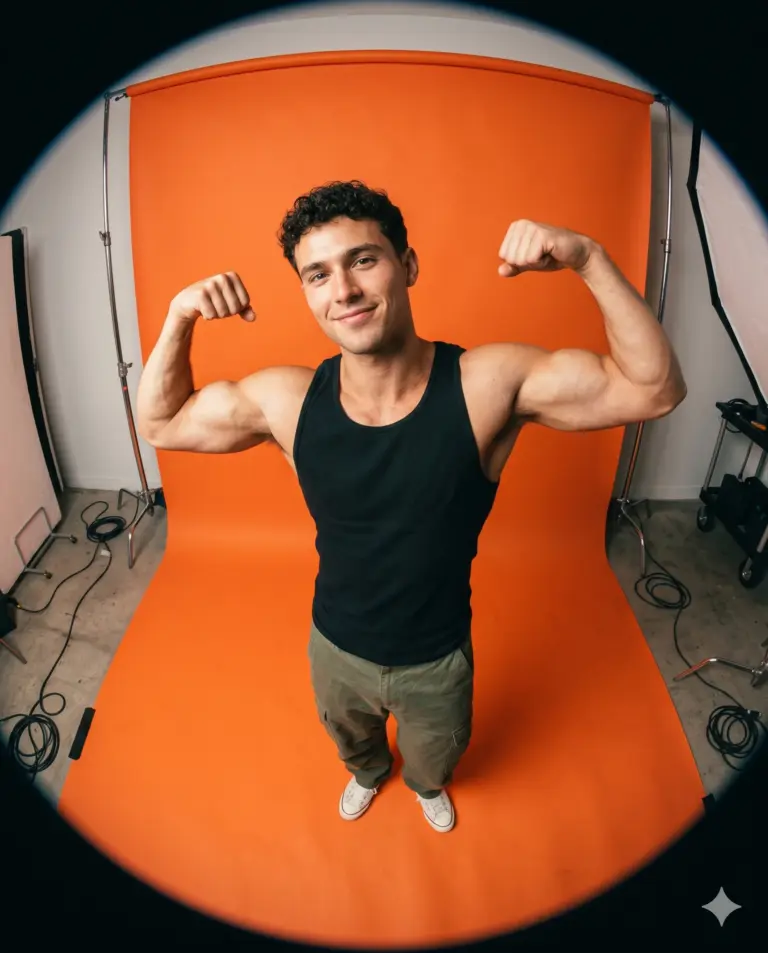 Muscular Man Flexing AI Photo Editing Prompt. AI generated fisheye studio portrait of a smiling muscular man in a black tank top flexing his biceps against a vibrant orange backdrop.
