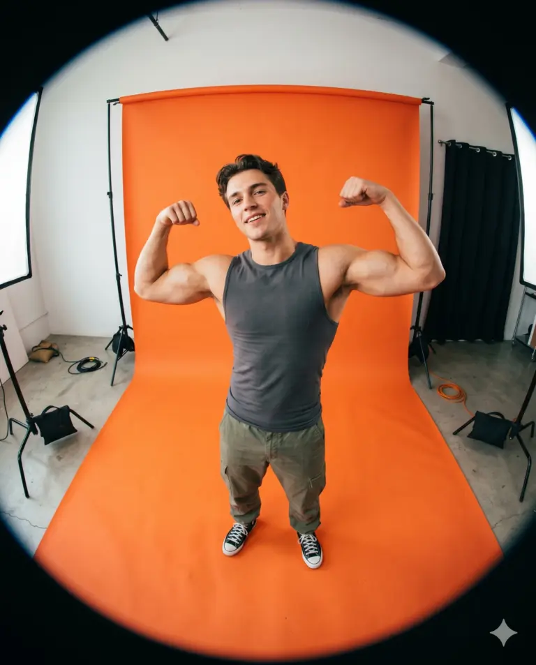 Muscular Man Flexing Fisheye Portrait Prompt. AI-generated studio portrait of a muscular man in a grey tank top and cargo pants flexing his biceps against a bright orange backdrop with a fisheye lens effect.