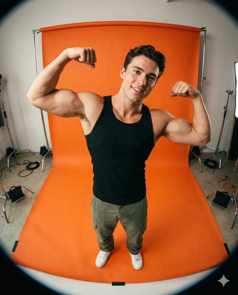 Fitness Photography AI Photo Editing Prompt. AI generated fisheye studio portrait of a smiling muscular man in a black tank top and olive cargo pants flexing his biceps on an orange backdrop.