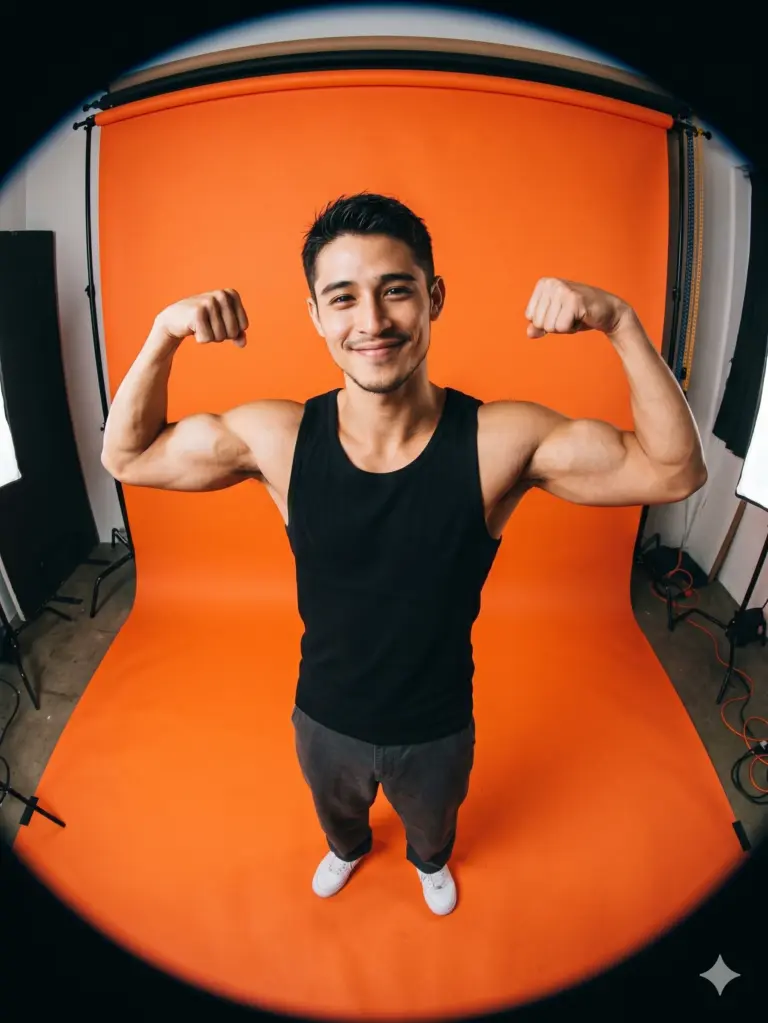 AI generated fisheye studio portrait of a smiling man in a black tank top flexing his biceps against a bright orange backdrop.