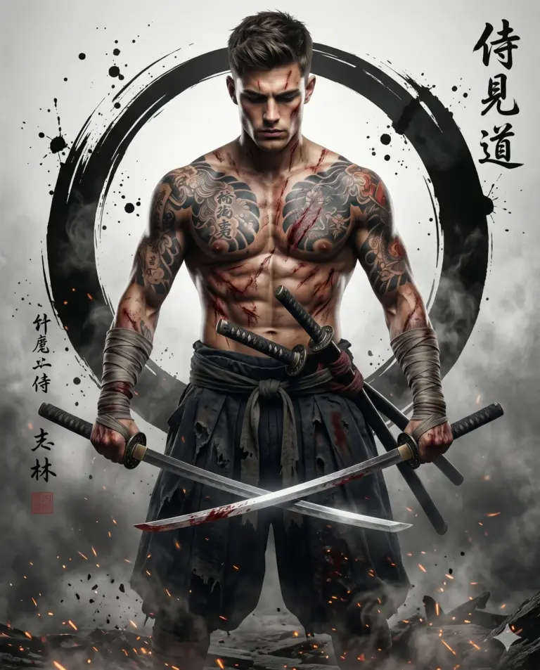 Battle-Scarred Tattooed Samurai AI Photo Editing Prompt. AI generated cinematic digital illustration of a muscular, shirtless warrior with battle scars and tattoos holding crossed katanas against a background of smoke and a black ink Enso circle.