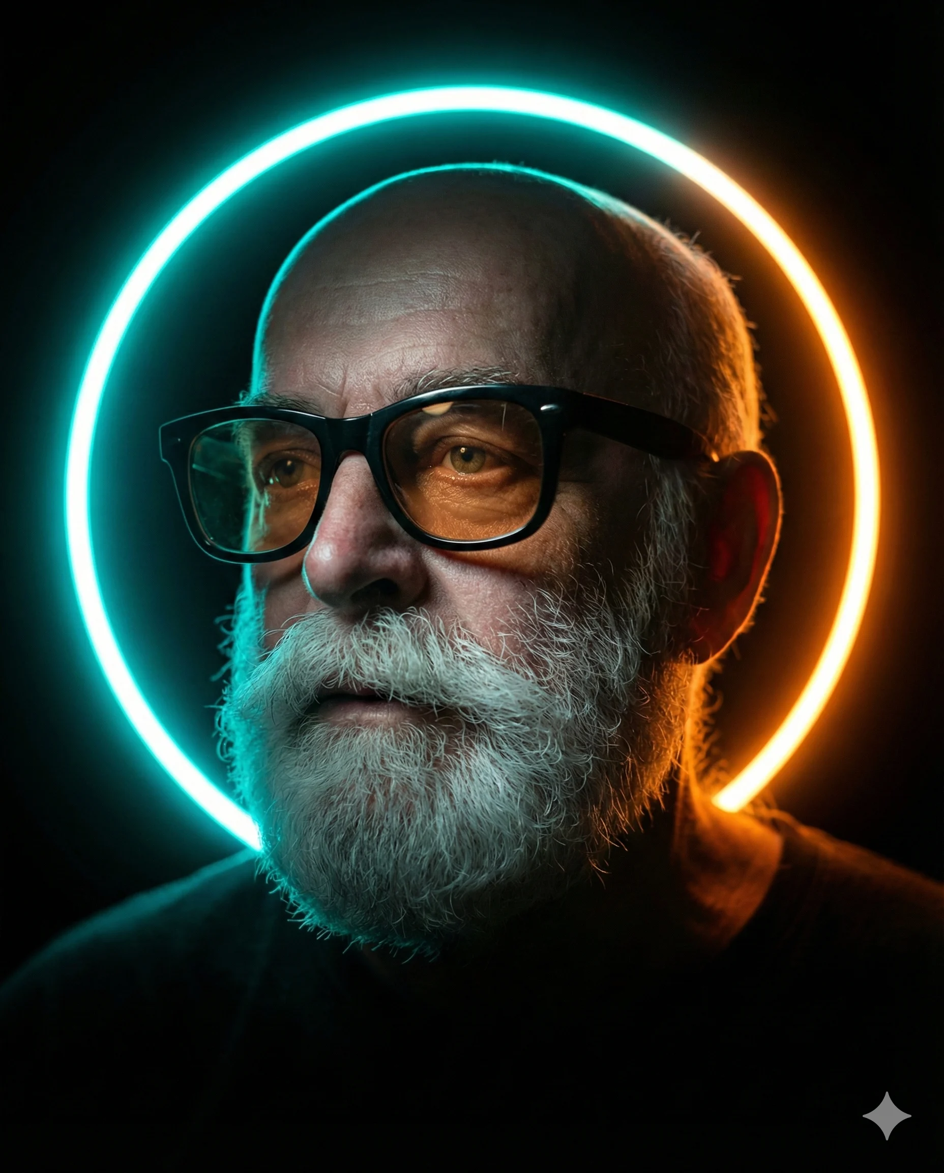 Neon Halo Old Man Portrait AI Photo Editing Prompt. AI generated digital portrait of an elderly man with a white beard and glasses featuring a glowing cyan and orange neon halo.