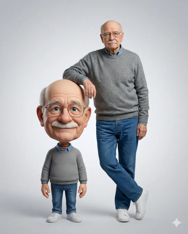 Elderly Man with Miniature 3D Avatar AI Photo Editing Prompt. AI generated digital illustration of an elderly man leaning on a large-headed 3D caricature of himself, both wearing matching grey sweaters and blue jeans.
