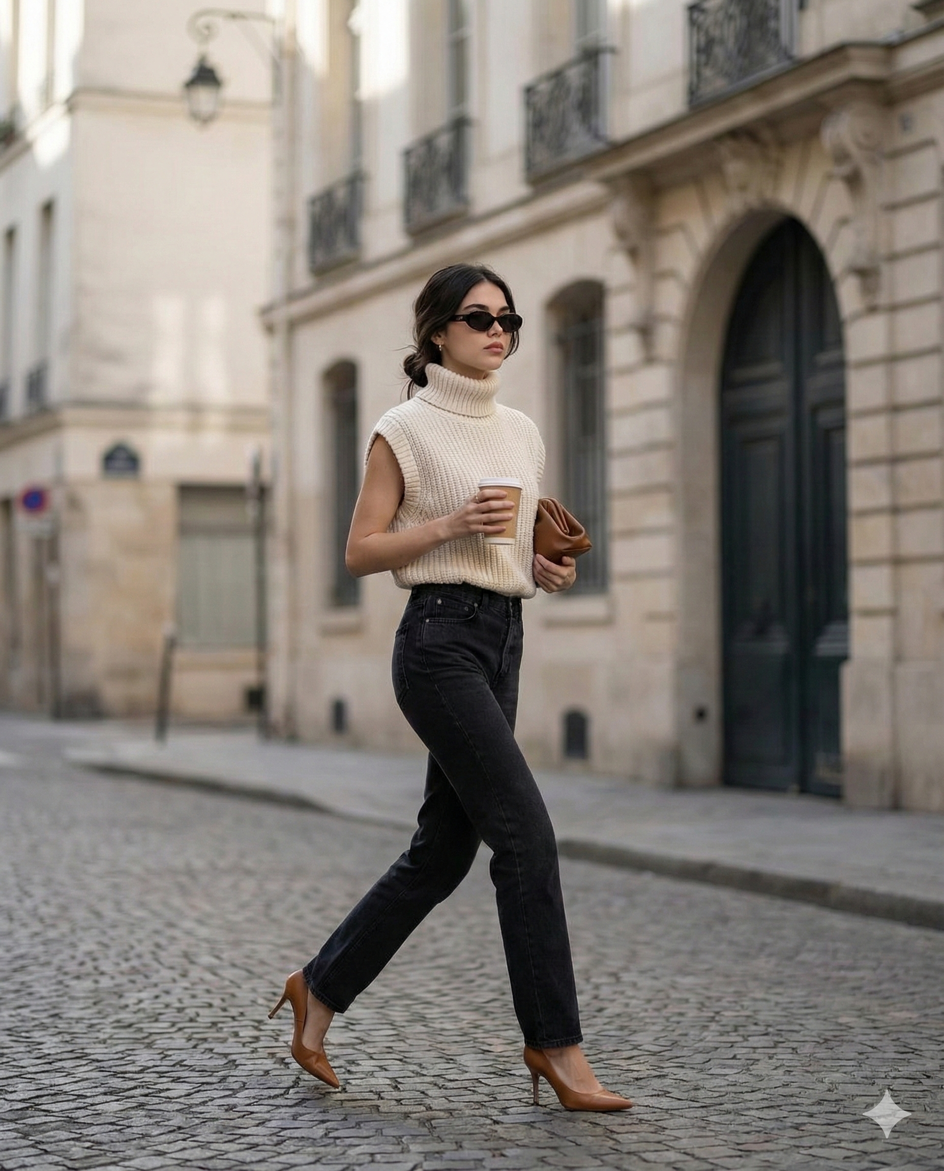Parisian street style: A woman in a cream knit vest and black jeans walks on cobblestones, carrying a coffee and clutch. Chic, minimalist, and elegant.