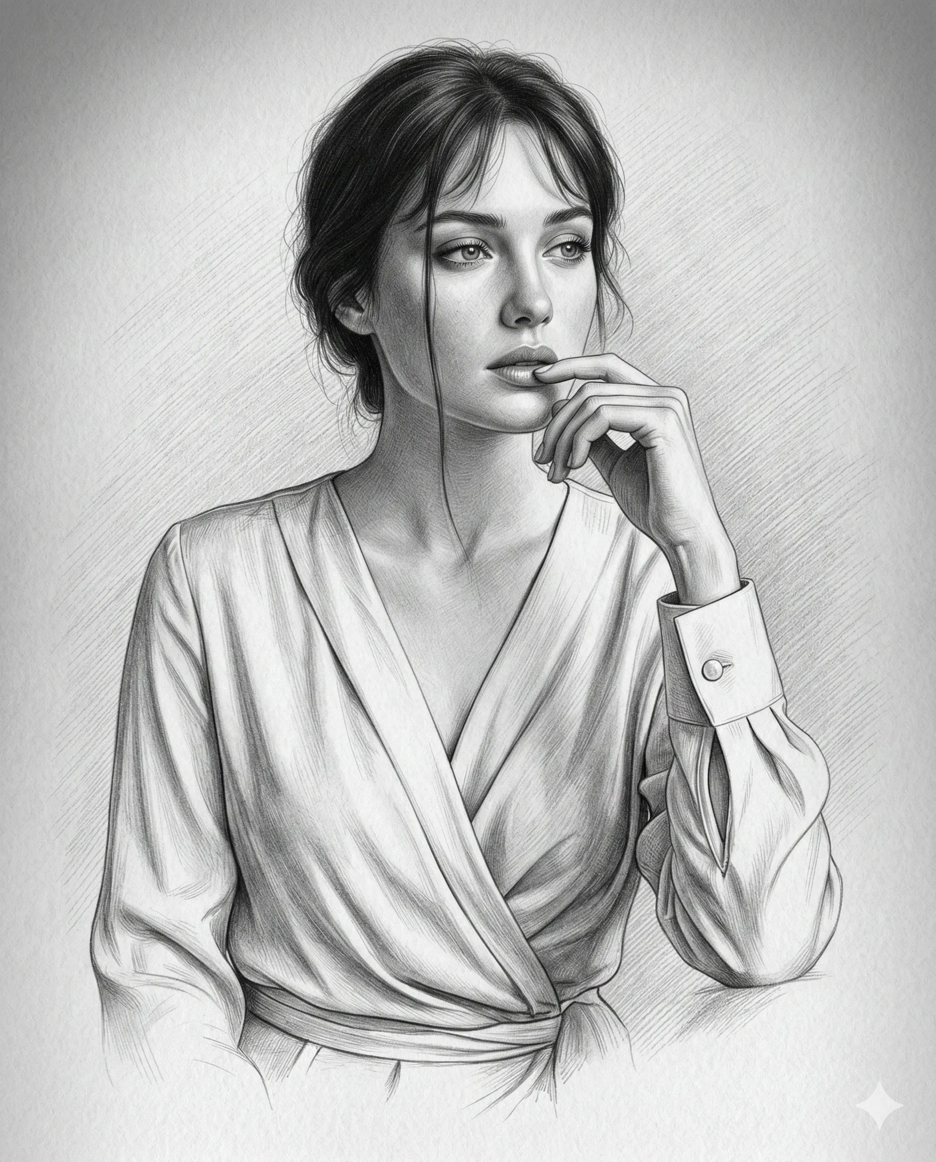 Pensive Woman Pencil Sketch AI Photo Editing Prompt. AI generated pencil sketch portrait of a woman with dark hair in a pensive pose wearing a long-sleeved wrap blouse.