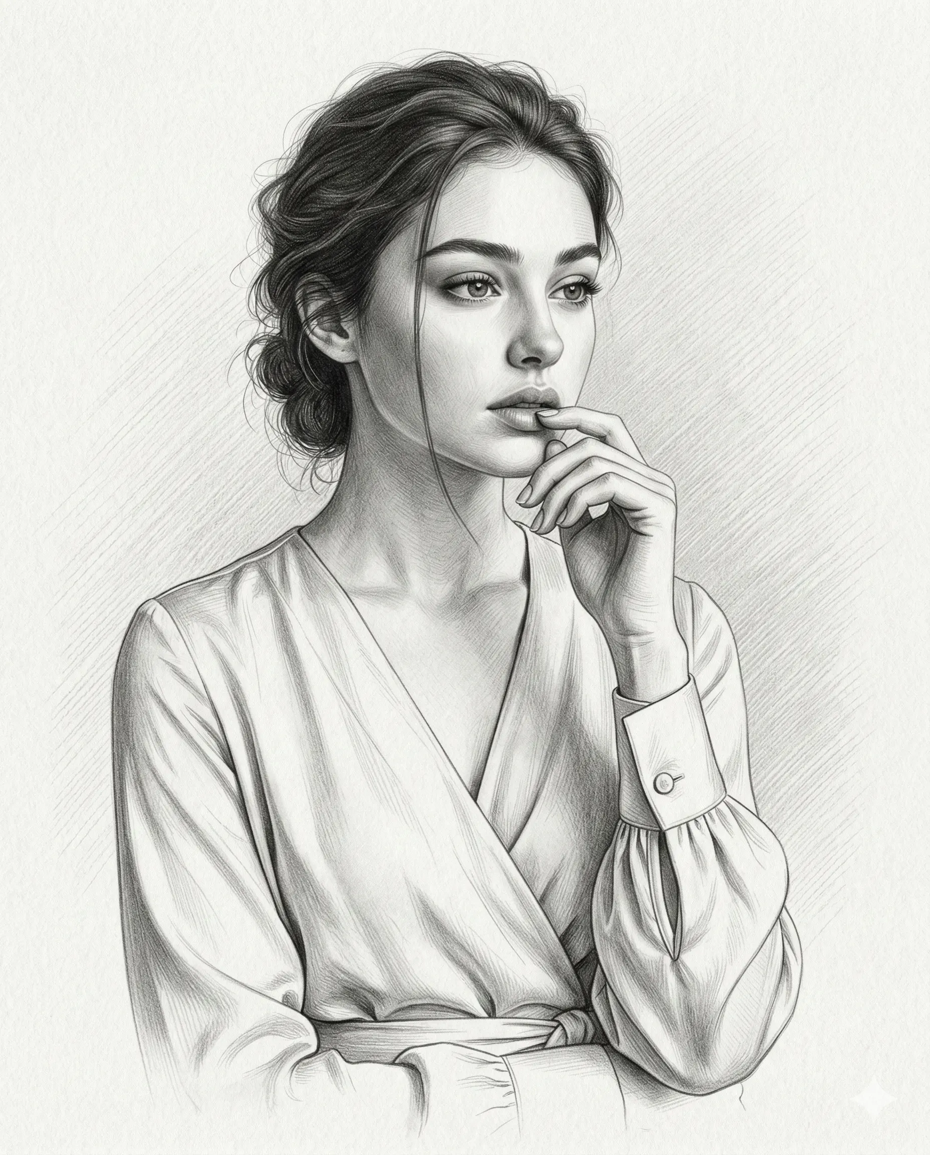 Thoughtful Woman Pencil Sketch AI Art Editing Prompt. AI generated digital pencil illustration of a young woman with dark hair in a bun and a pensive expression wearing a wrap blouse.