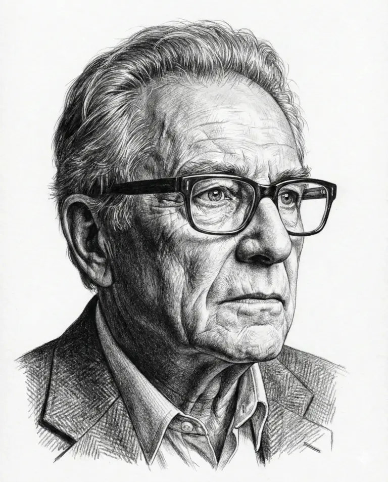 Pencil Sketch AI Photo Editing Prompt. AI generated pencil sketch portrait of a sophisticated elderly man with glasses and a blazer, showcasing detailed realistic shading.