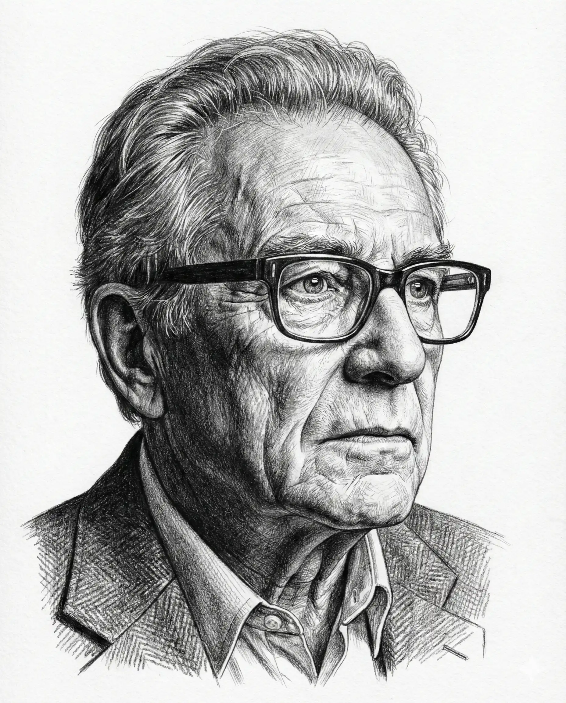 Pencil Sketch AI Photo Editing Prompt. AI generated pencil sketch portrait of a sophisticated elderly man with glasses and a blazer, showcasing detailed realistic shading.