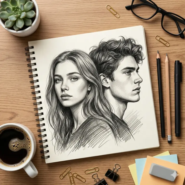 Couple Pencil Sketch AI Prompt. AI generated realistic pencil illustration of a young man and woman back-to-back on a spiral notebook page.