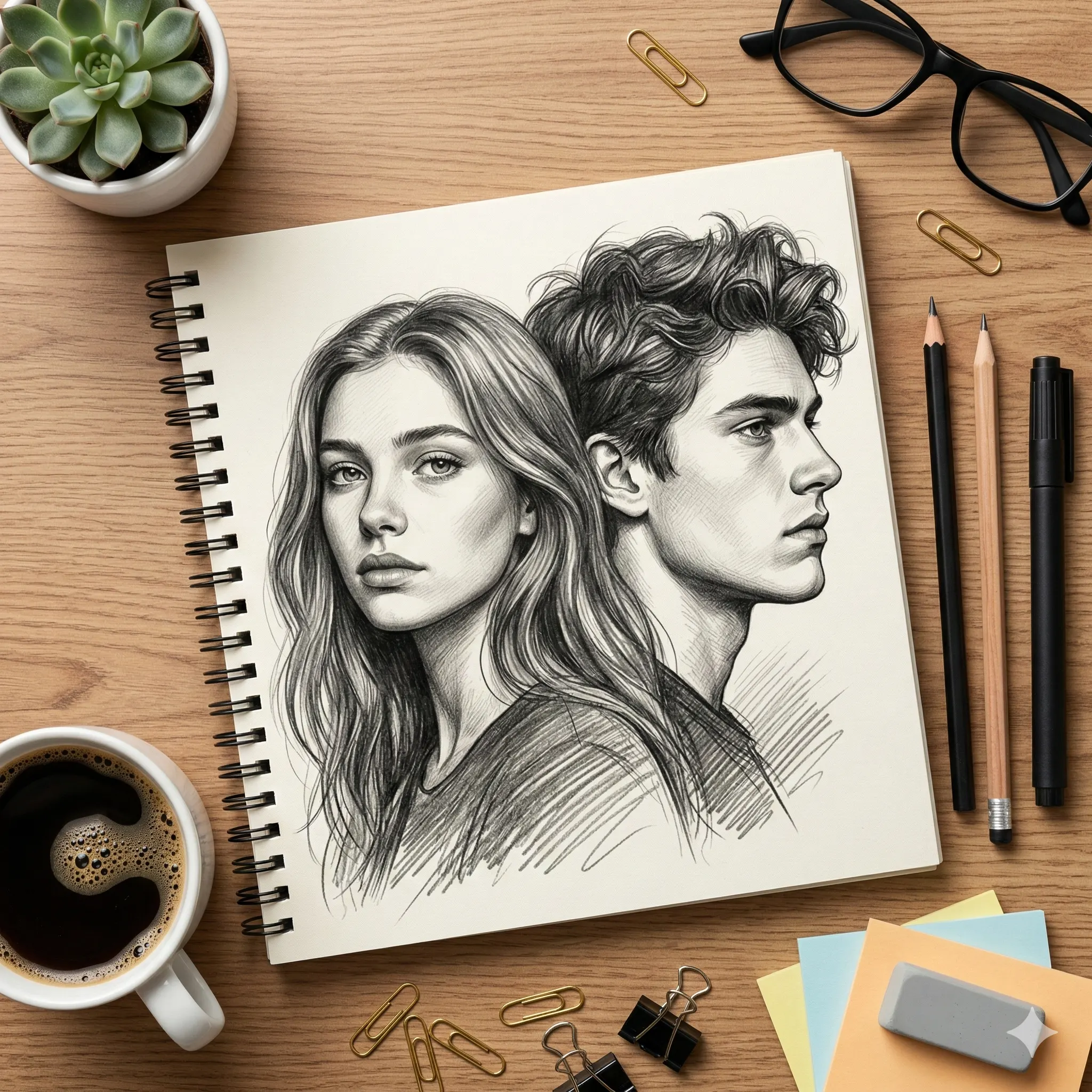 Couple Pencil Sketch AI Prompt. AI generated realistic pencil illustration of a young man and woman back-to-back on a spiral notebook page.