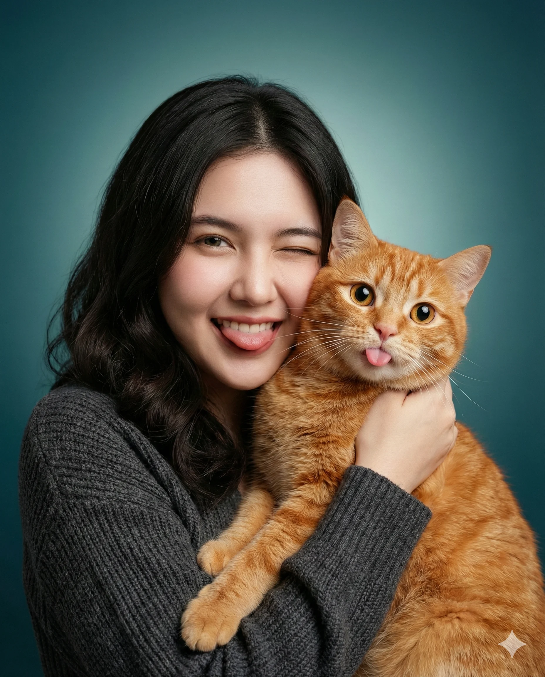 Woman and Ginger Cat Winking AI Photo Editing Prompt. AI generated studio portrait of a young woman in a grey sweater holding an orange tabby cat with both sticking their tongues out.