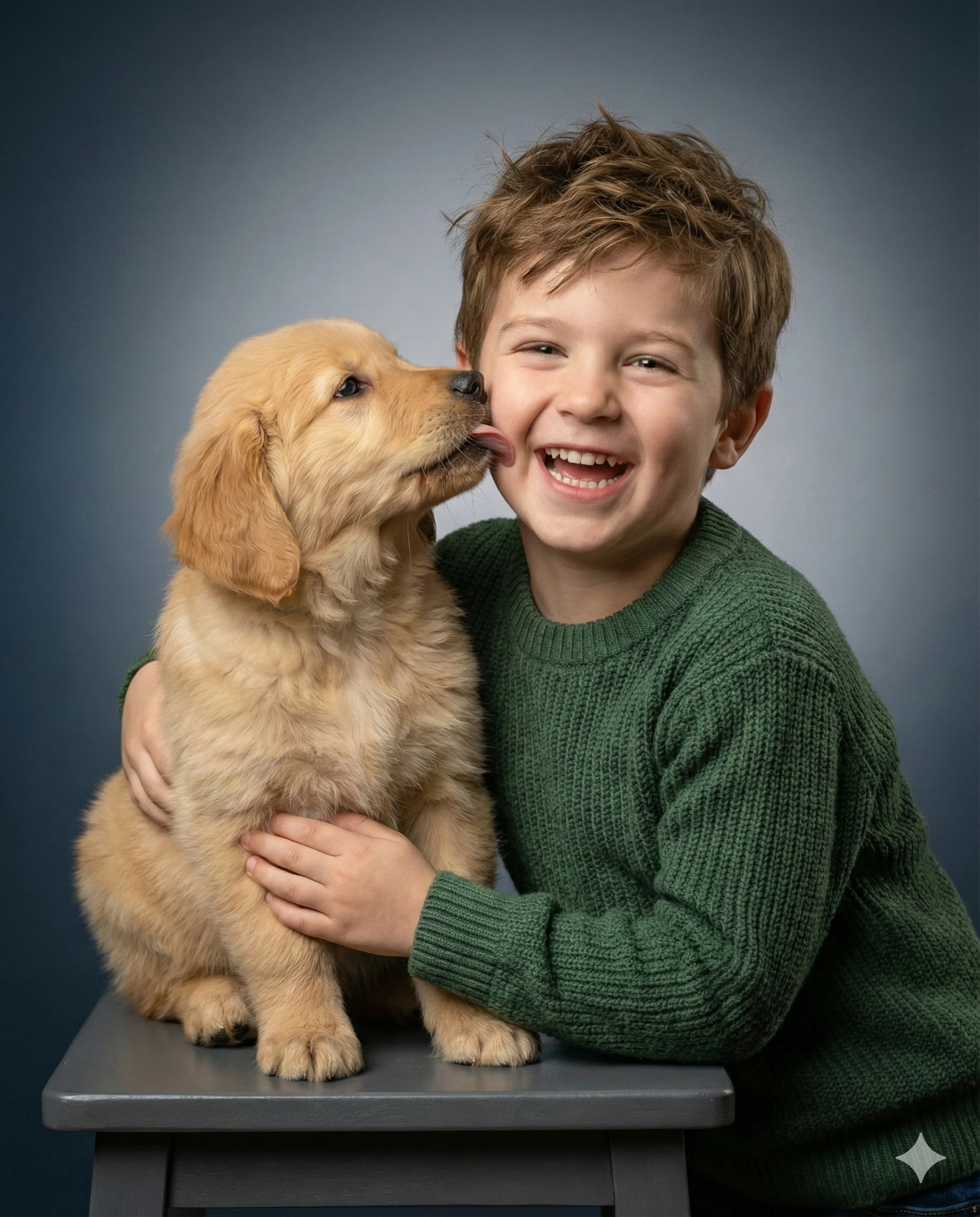 Boy and Golden Retriever Puppy AI Photo Editing Prompt. AI generated studio portrait of a laughing boy in a green sweater as a golden retriever puppy licks his cheek.