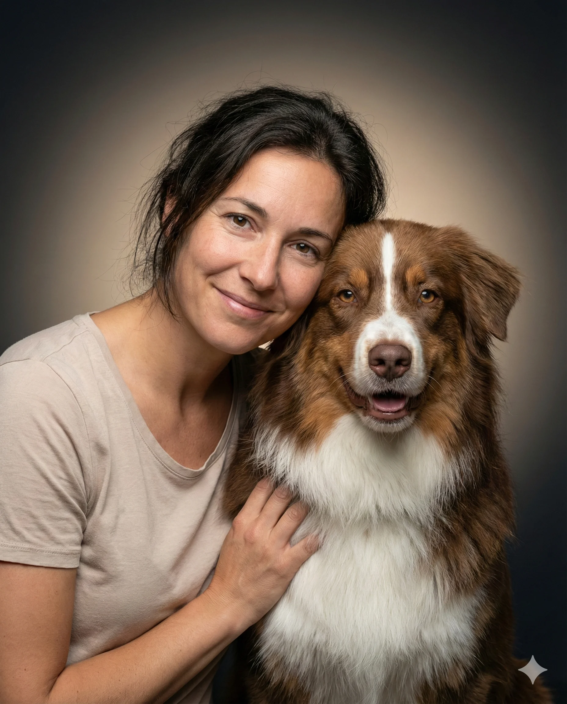 Woman and Australian Shepherd Portrait AI Photo Editing Prompt. AI generated studio portrait of a smiling woman leaning her head against a fluffy brown and white dog.