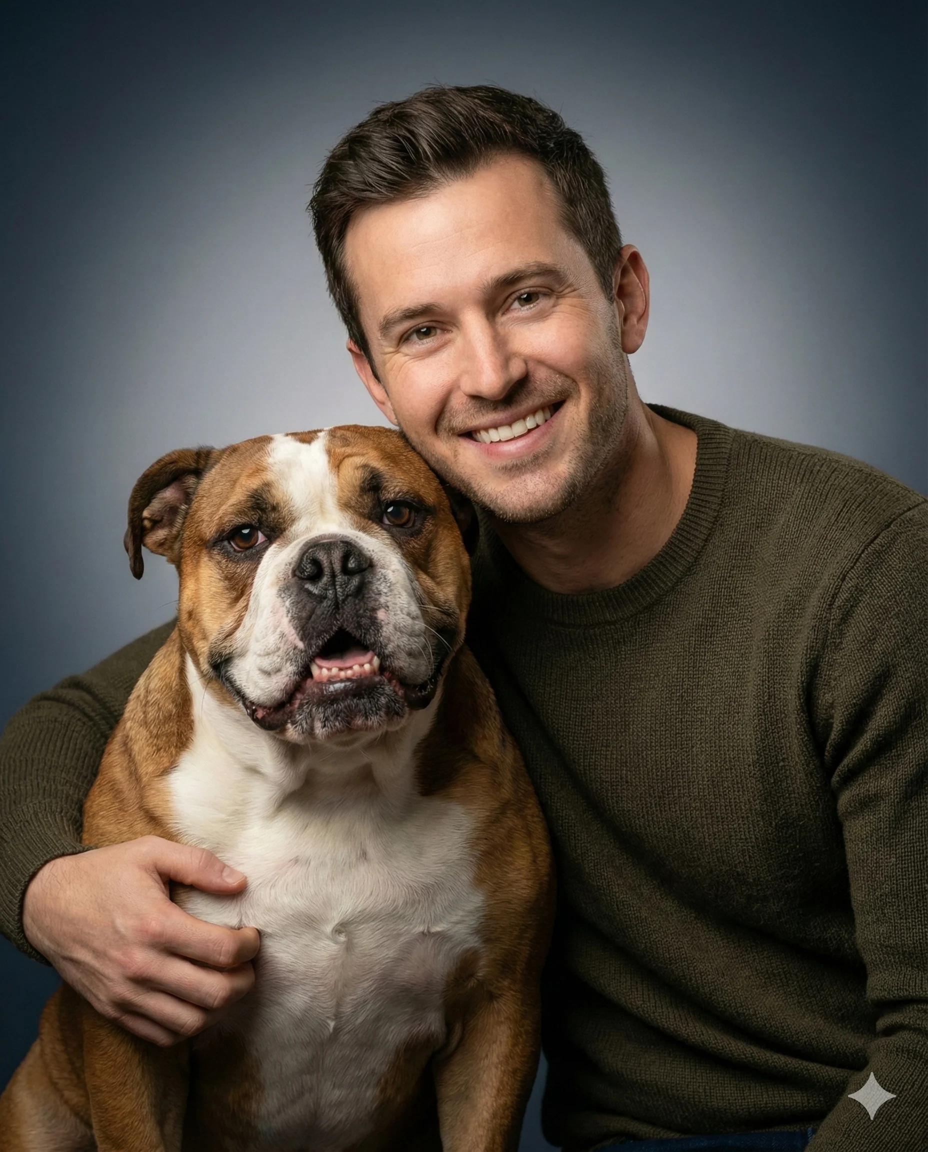Man and Bulldog in Olive Sweater AI Photo Editing Prompt. AI generated studio portrait of a smiling man in a dark green ribbed sweater posing closely with a brown and white English Bulldog.