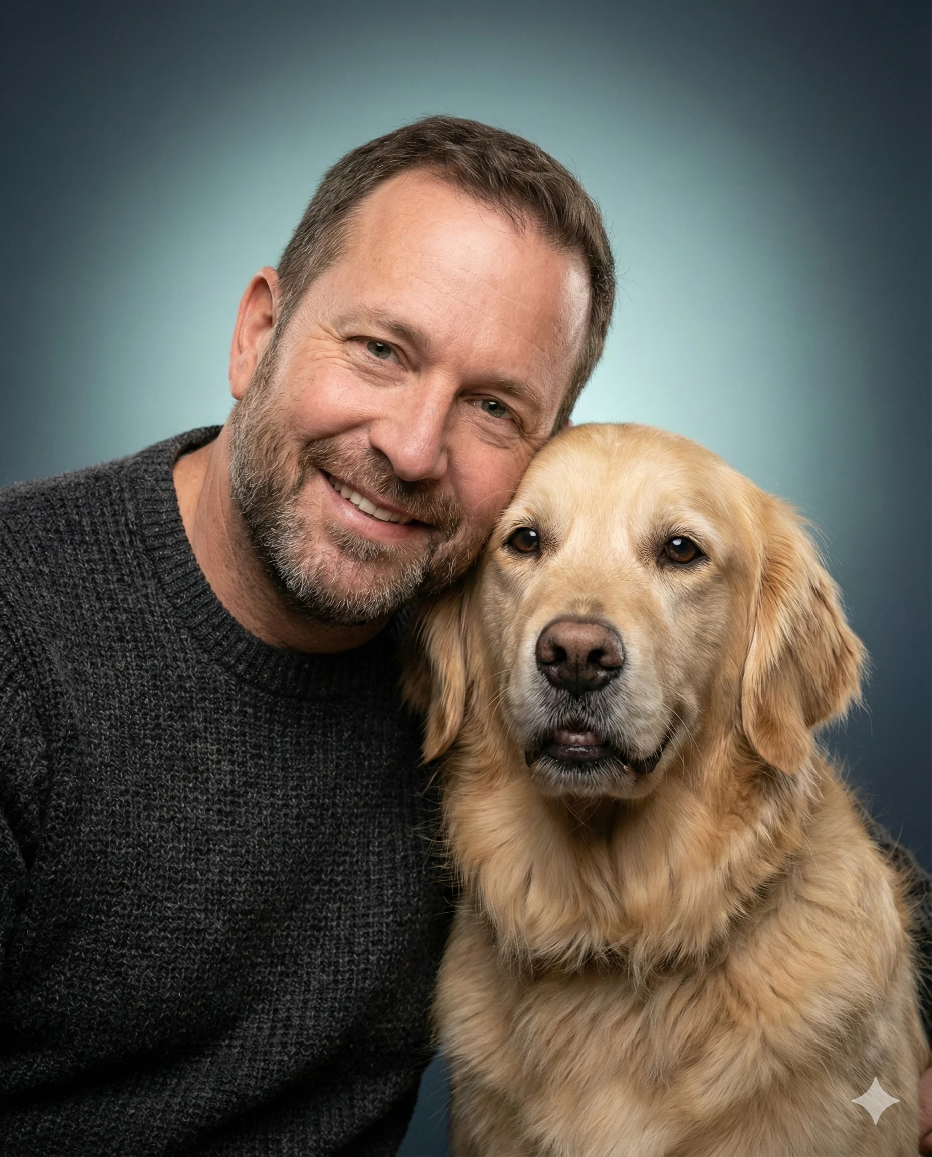 Man and Golden Retriever AI Photo Editing Prompt. AI generated studio portrait of a smiling man in a grey knitted sweater with his head leaning against a Golden Retriever dog.