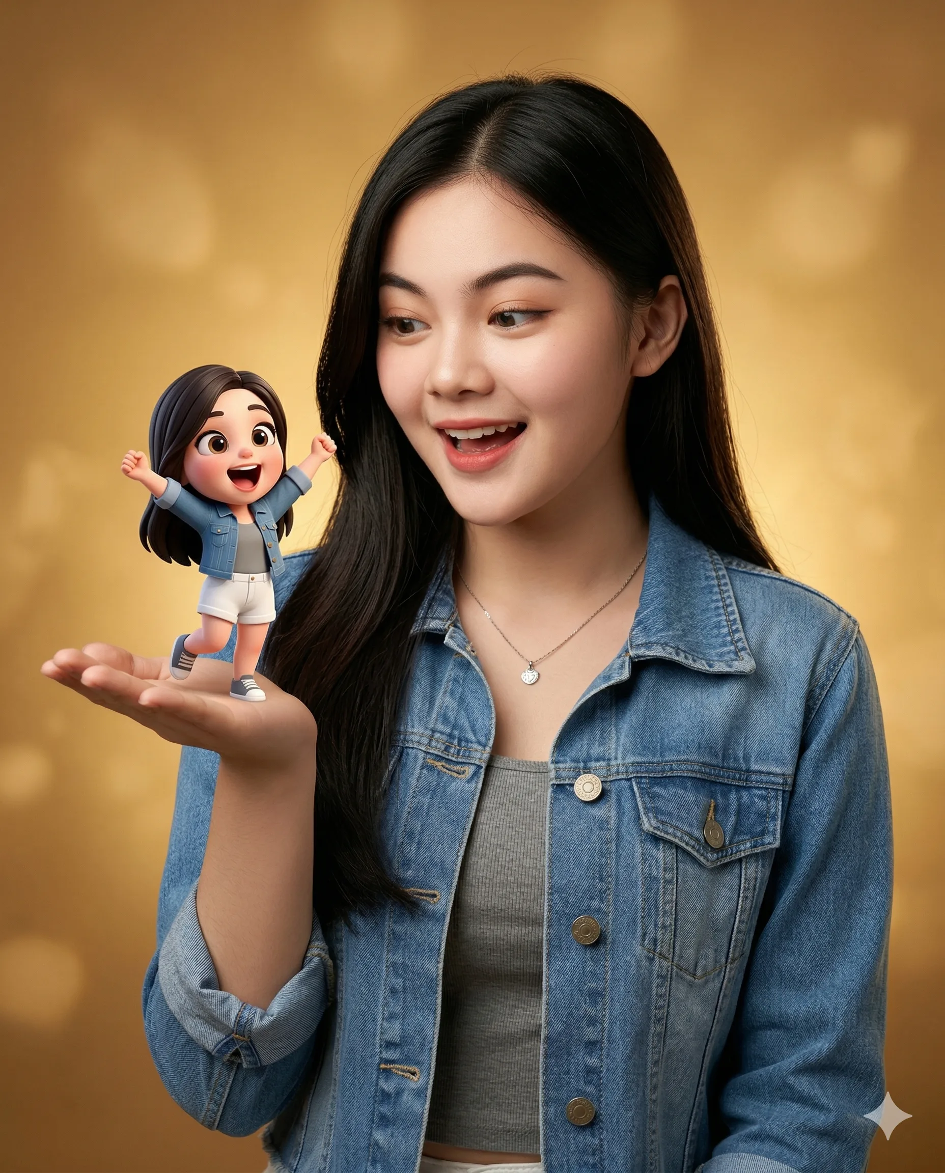 Woman with Tiny Cartoon Self AI Photo Editing Prompt. AI generated conceptual portrait of an Asian woman in a denim jacket smiling at a miniature cheering cartoon figure of herself in her palm.