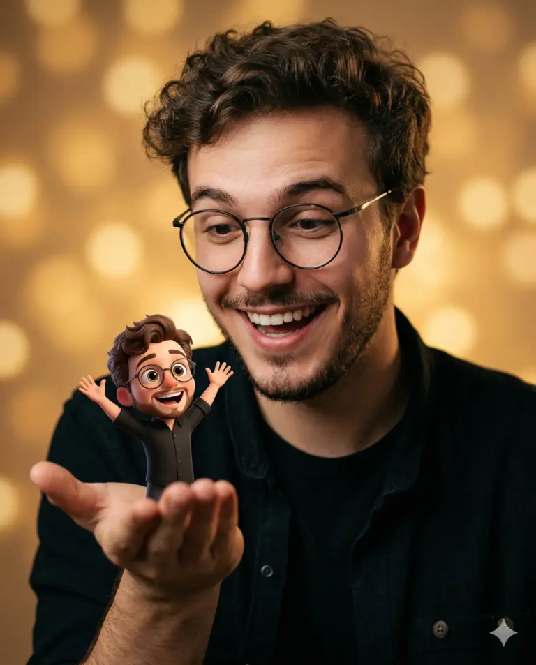 Man with Tiny 3D Avatar AI Photo Editing Prompt. AI generated creative portrait of a smiling man with glasses holding a miniature 3D cartoon version of himself in his palm against a warm bokeh background.