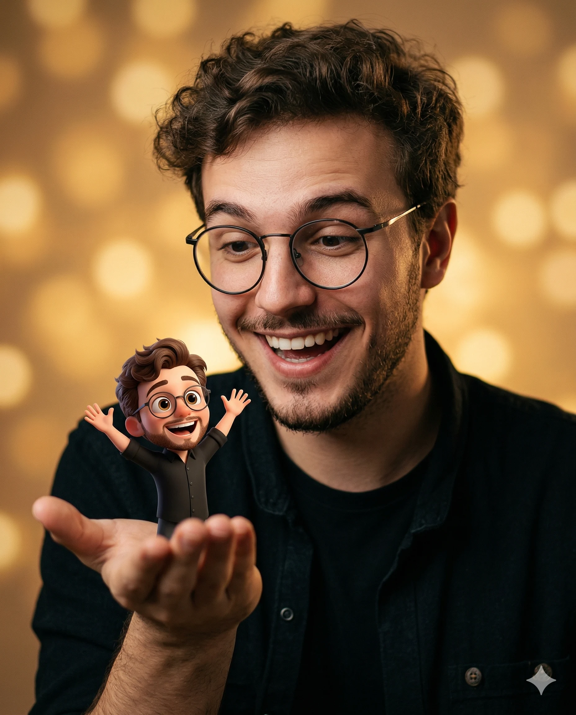 Man with Tiny 3D Avatar AI Photo Editing Prompt. AI generated creative portrait of a smiling man with glasses holding a miniature 3D cartoon version of himself in his palm against a warm bokeh background.