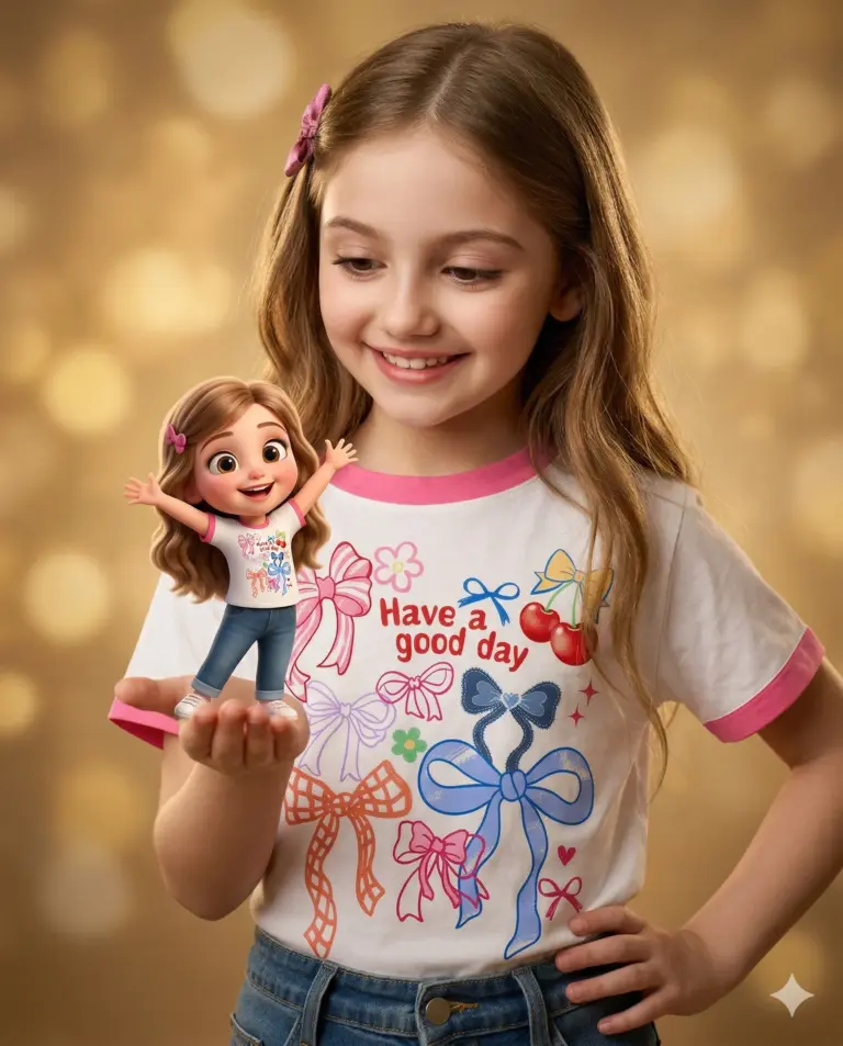 Girl Holding Miniature 3D Avatar AI Photo Editing Prompt. AI generated digital illustration of a smiling young girl looking at a miniature 3D cartoon version of herself standing on her palm against a golden bokeh background.