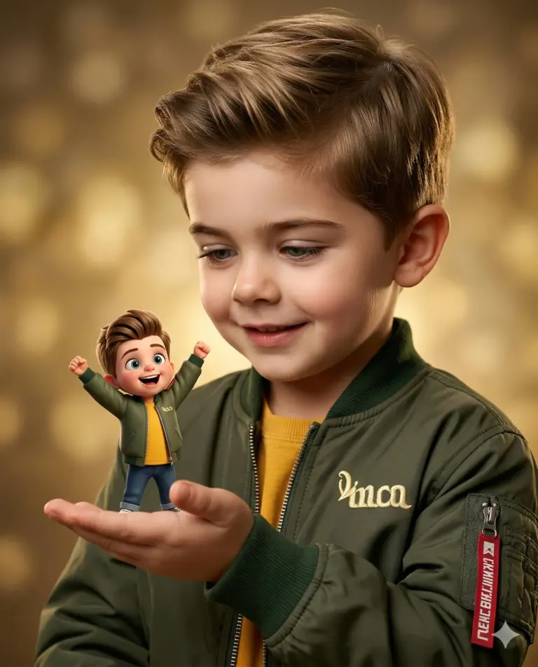 Boy Holding Miniature 3D Avatar AI Photo Editing Prompt. AI generated digital illustration of a young boy in an olive green bomber jacket holding a cheerful, tiny 3D miniature version of himself on his open palm.