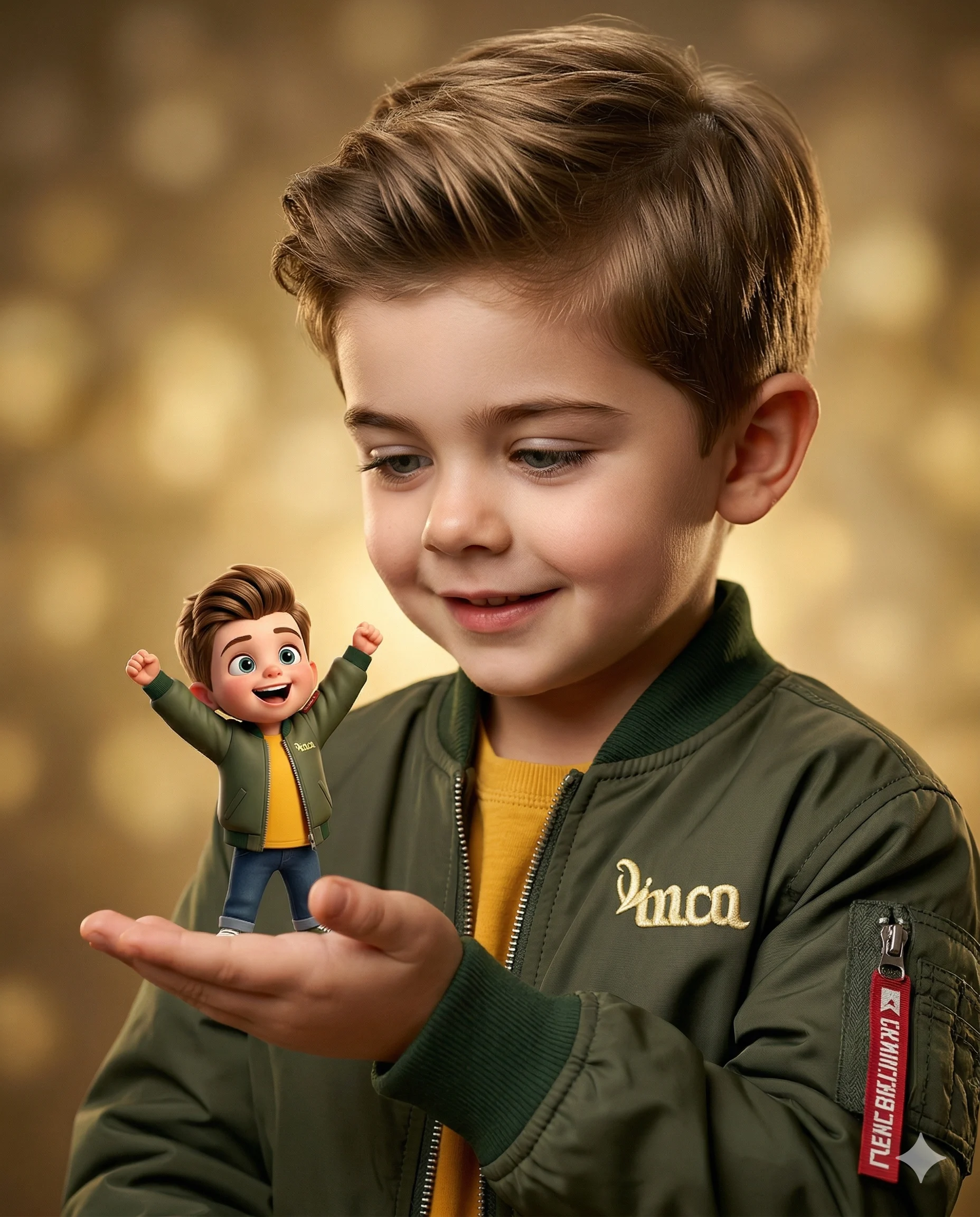 Boy Holding Miniature 3D Avatar AI Photo Editing Prompt. AI generated digital illustration of a young boy in an olive green bomber jacket holding a cheerful, tiny 3D miniature version of himself on his open palm.