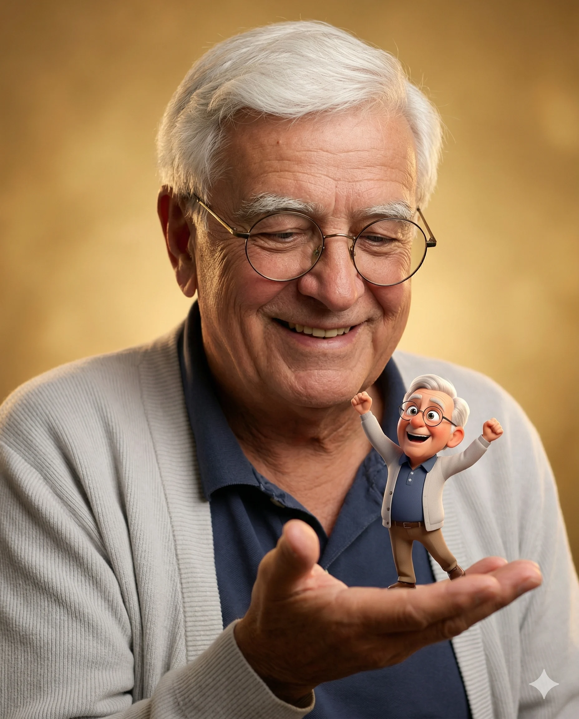 Senior Man Holding Miniature 3D Avatar AI Photo Editing Prompt. AI generated digital art of a smiling elderly man with glasses holding a joyful miniature 3D character version of himself on his palm.