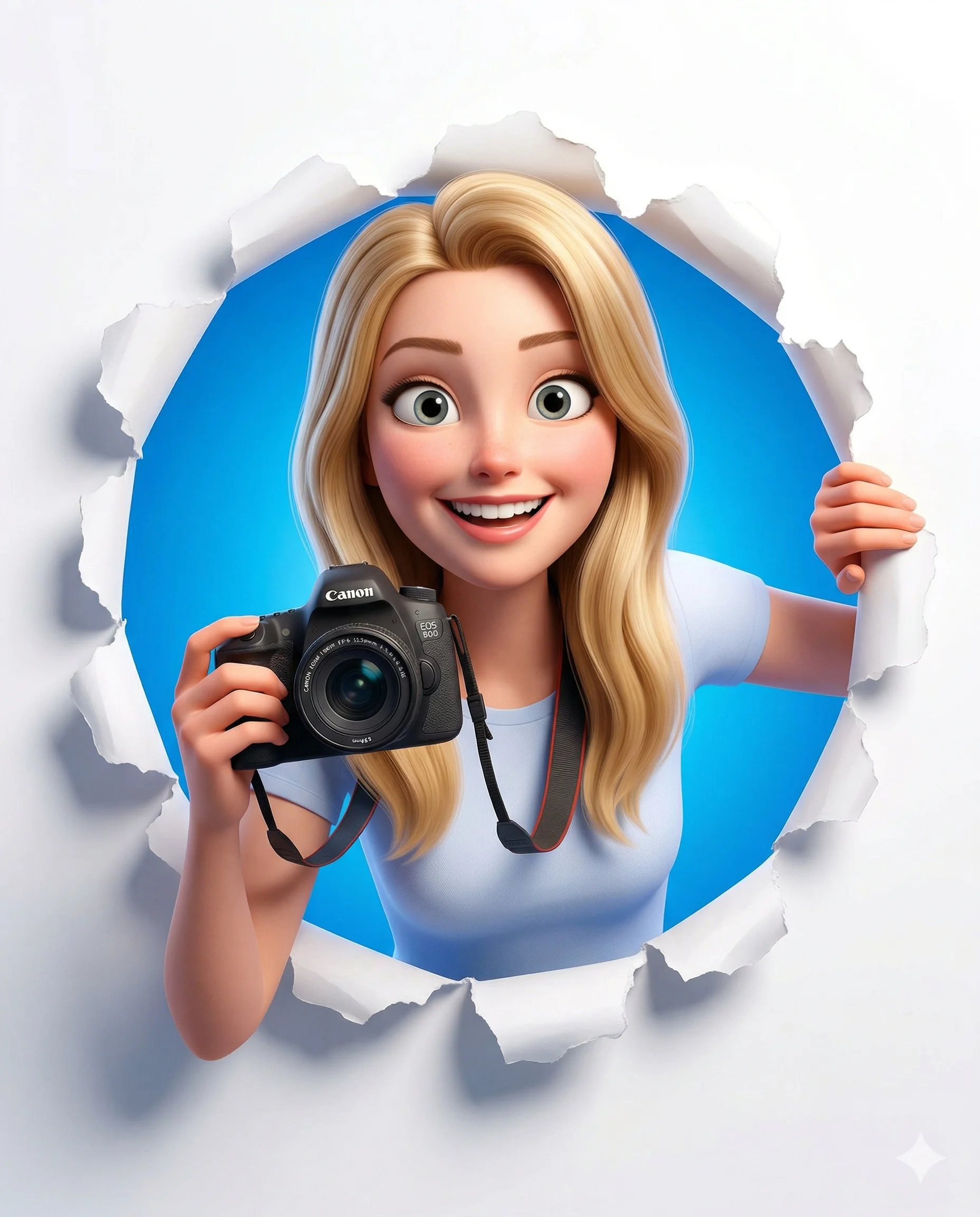 AI generated 3D character illustration of a smiling blonde woman peeking through torn white paper while holding a professional DSLR camera against a blue background.