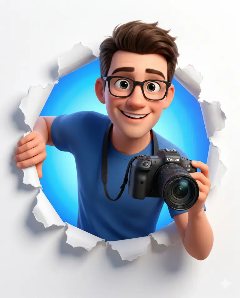 Photographer Breaking Through Paper Pixar Style Prompt. AI generated 3D illustration of a smiling man with glasses holding a camera, bursting through torn white paper.