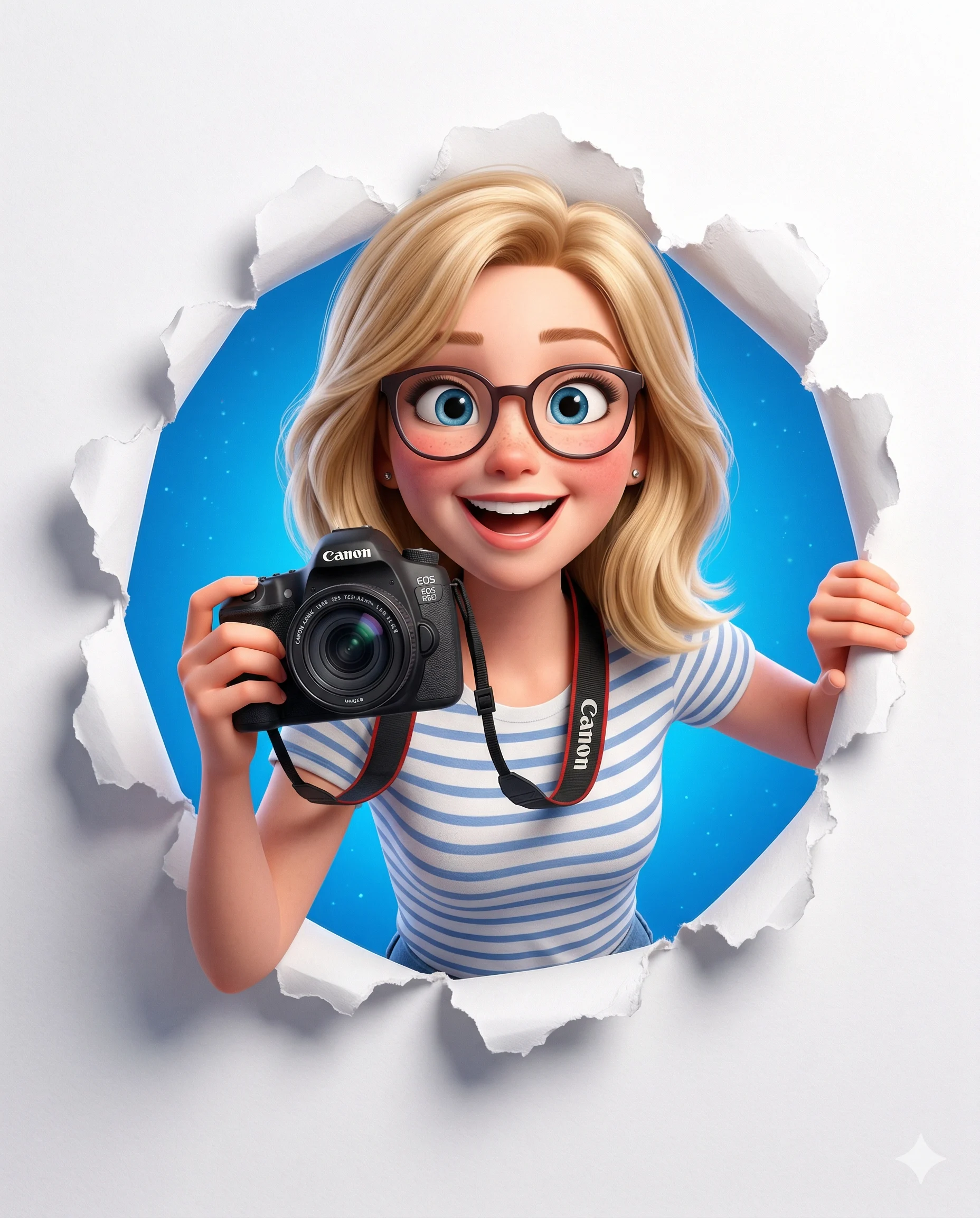 Photographer Girl Bursting Through Paper AI Photo Editing Prompt. AI generated 3D character illustration of a smiling blonde woman with glasses holding a Canon camera while bursting through a hole in white paper.