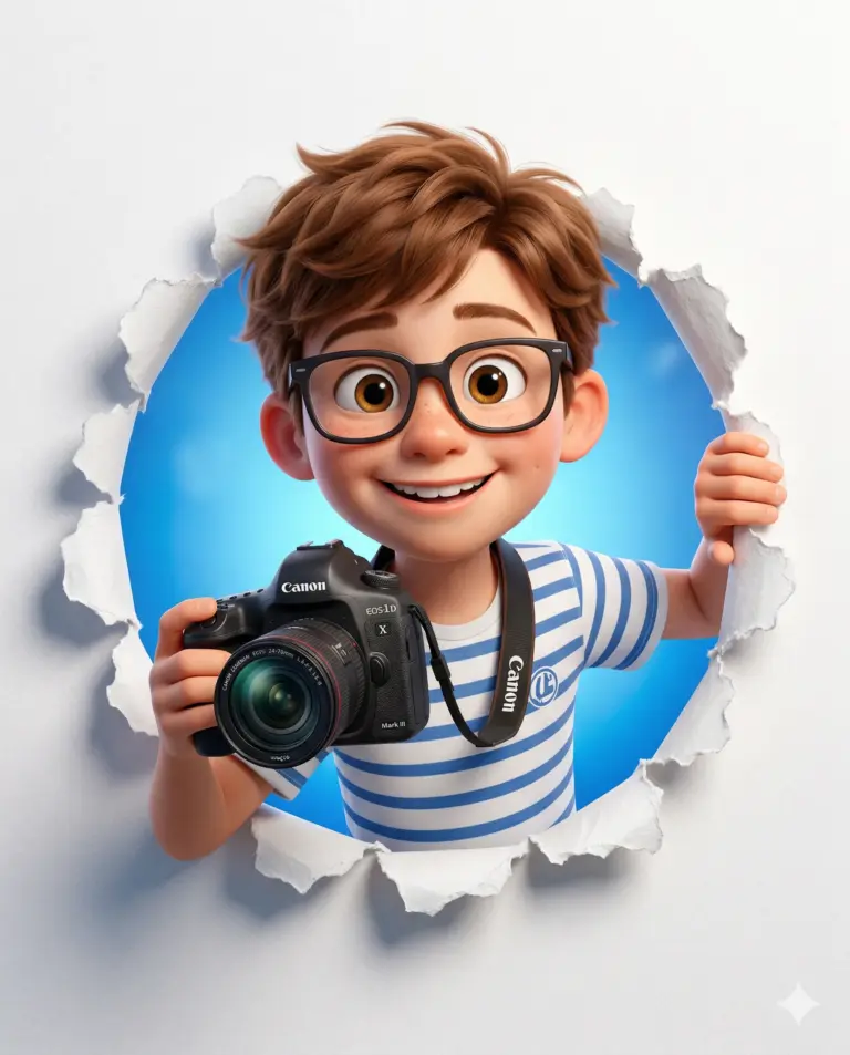 Photographer Boy Bursting Through Torn Paper AI Photo Editing Prompt. AI generated 3D character illustration of a smiling boy with glasses holding a DSLR camera while emerging from a hole in torn white paper.