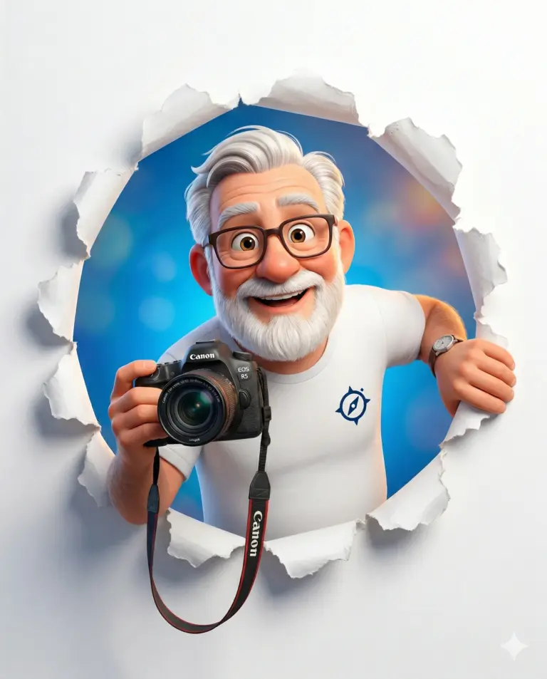 AI generated 3D character illustration of a smiling elderly photographer with a white beard and glasses holding a Canon camera through torn paper.
