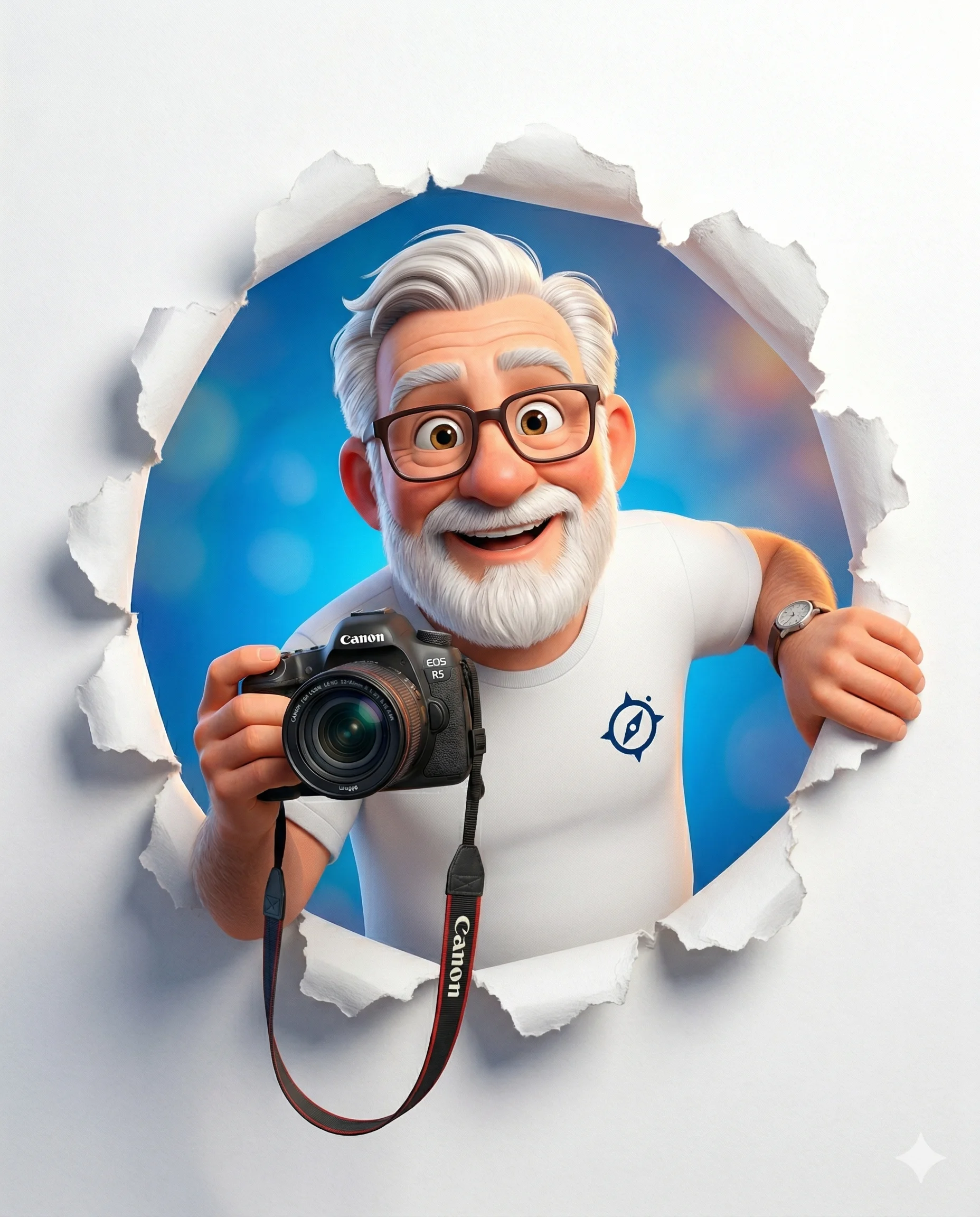 AI generated 3D character illustration of a smiling elderly photographer with a white beard and glasses holding a Canon camera through torn paper.