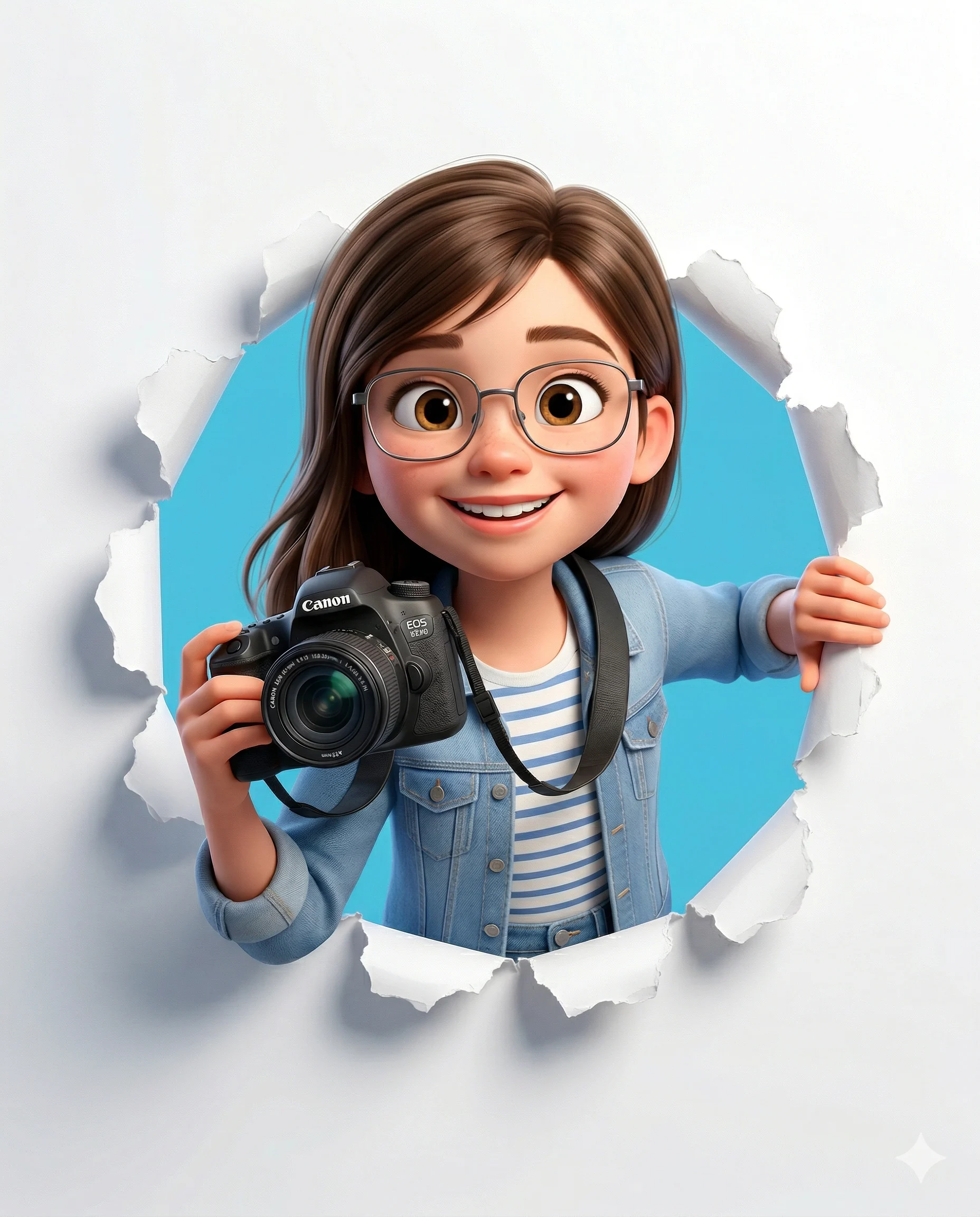 Pixar Style Girl Photographer Bursting Through Paper AI Prompt. AI generated 3D character illustration of a smiling girl with glasses holding a professional camera while bursting through torn white paper.
