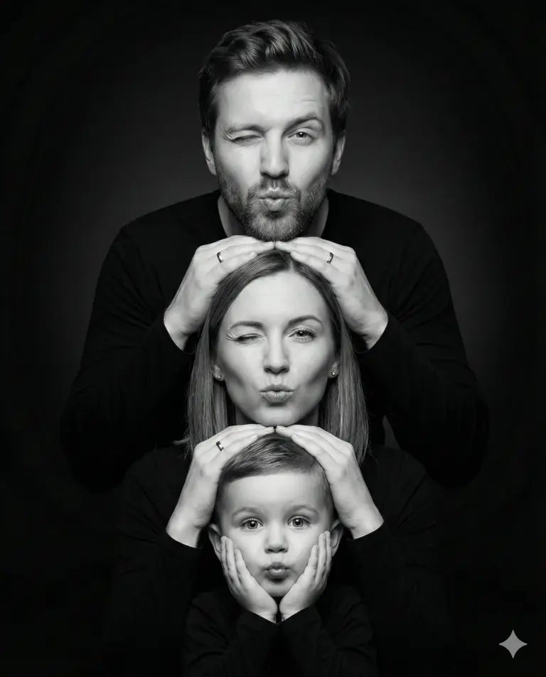 Family Vertical Stack Portrait AI Photo Editing Prompt. AI generated studio portrait of a man, woman, and child stacked vertically with playful winking and pouting expressions against a dark background.