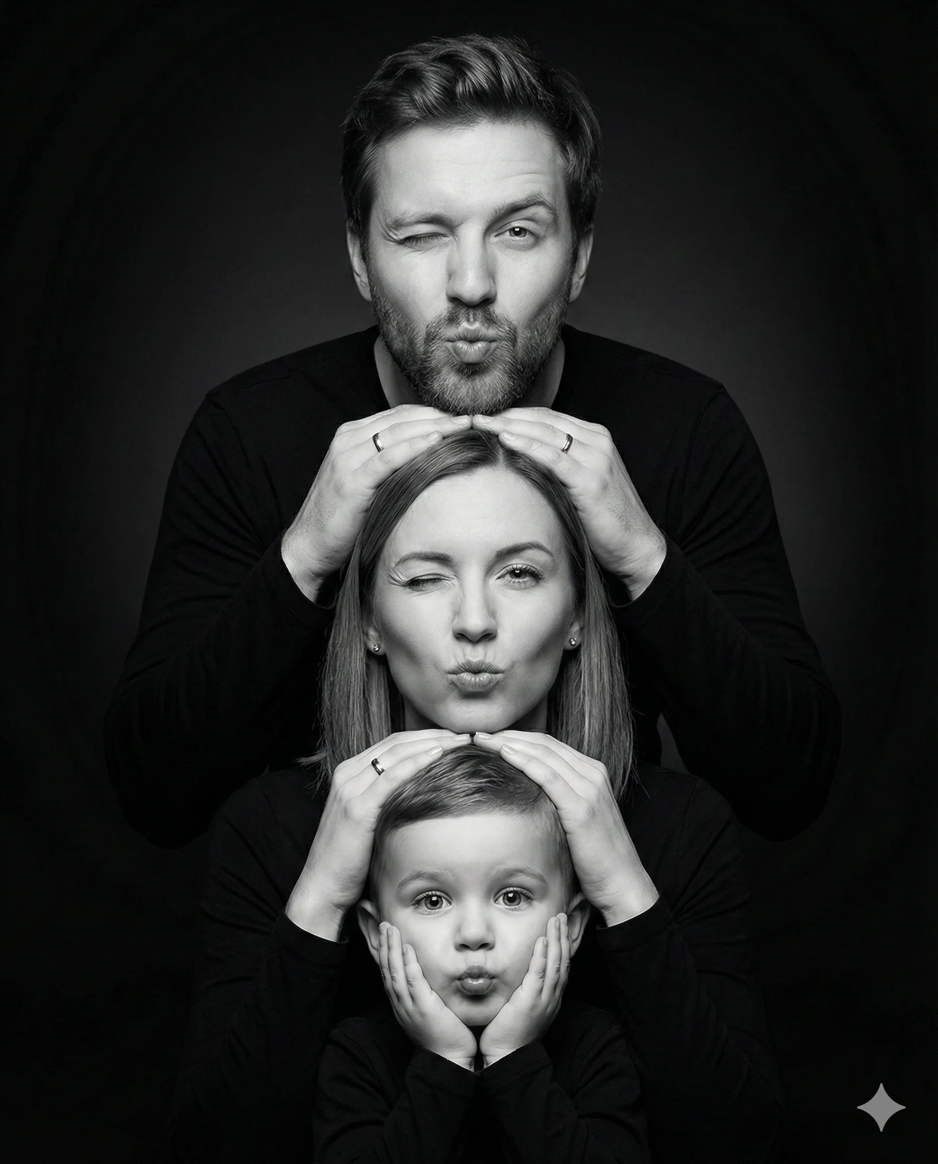 Family Vertical Stack Portrait AI Photo Editing Prompt. AI generated studio portrait of a man, woman, and child stacked vertically with playful winking and pouting expressions against a dark background.