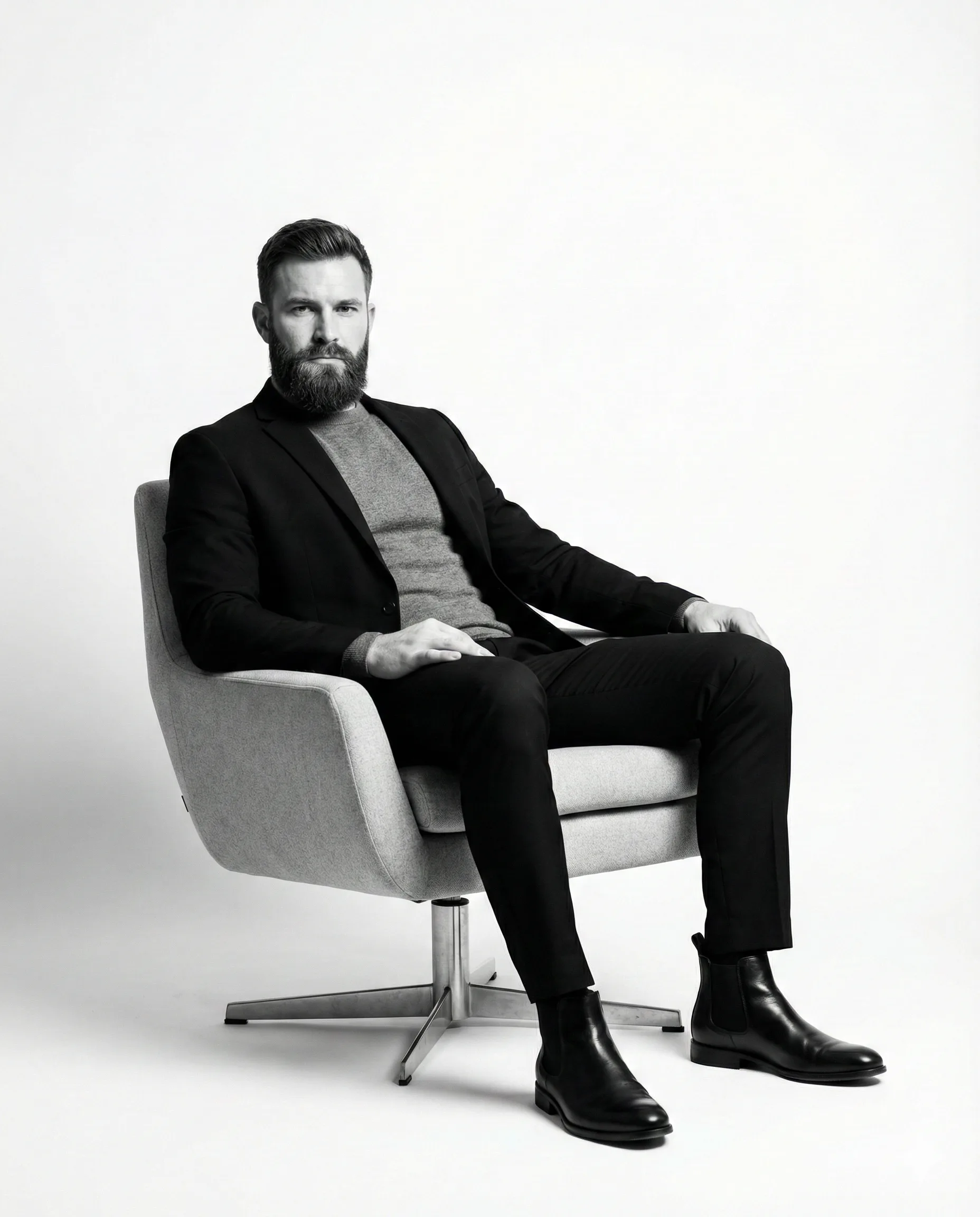 B&W Portrait Man in Suit AI Photo Editing Prompt. AI generated monochrome studio portrait of a bearded man wearing a blazer and sweater while sitting in a modern armchair against a white background.