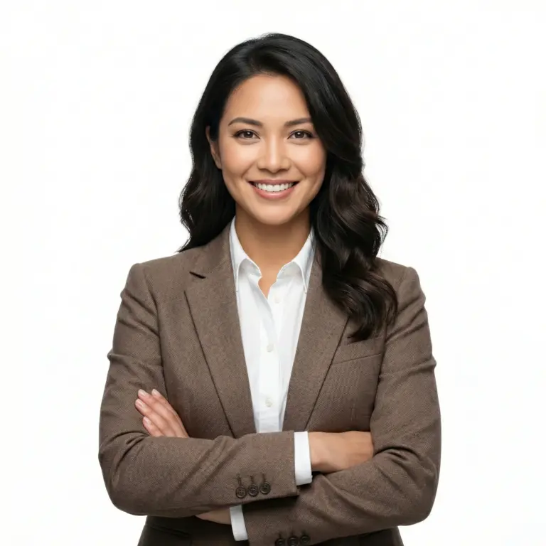 Professional portrait of a smiling woman with wavy dark hair, wearing a brown blazer and white shirt, posing with arms crossed against a white background.