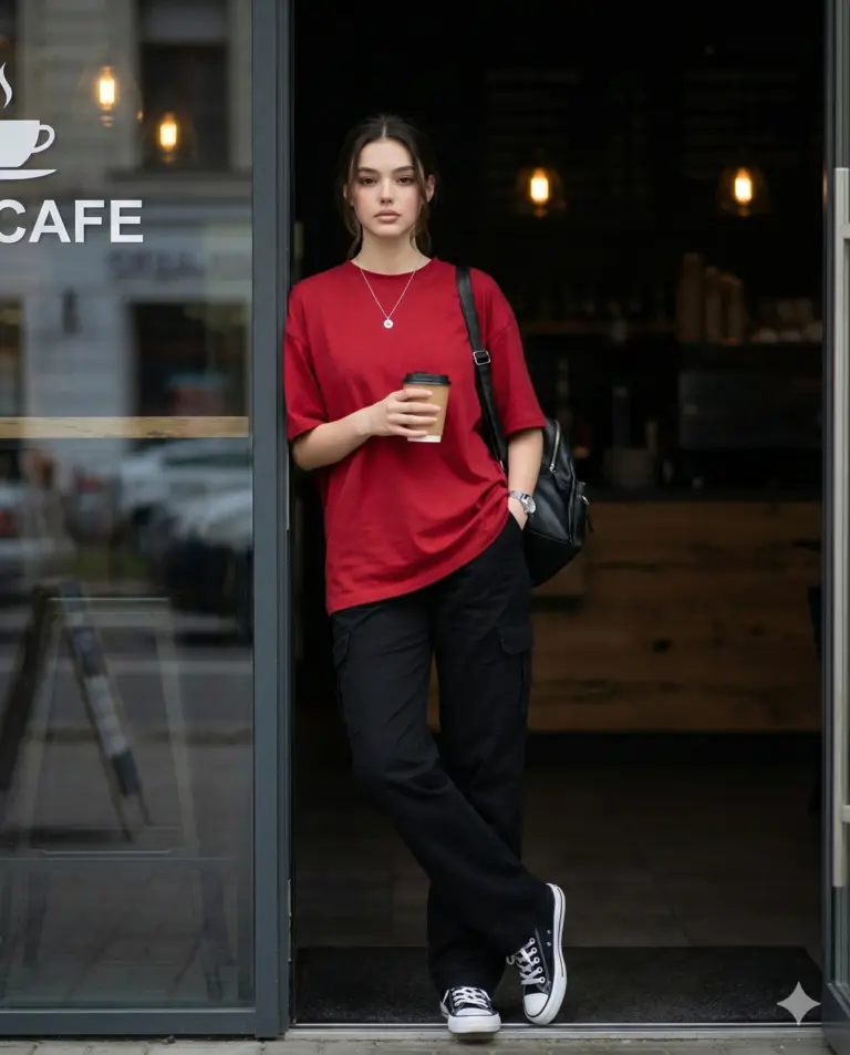 A woman in a red tee and black cargos leans in a cafe doorway, coffee in hand. Peak urban-cool vibes with cinematic lighting.