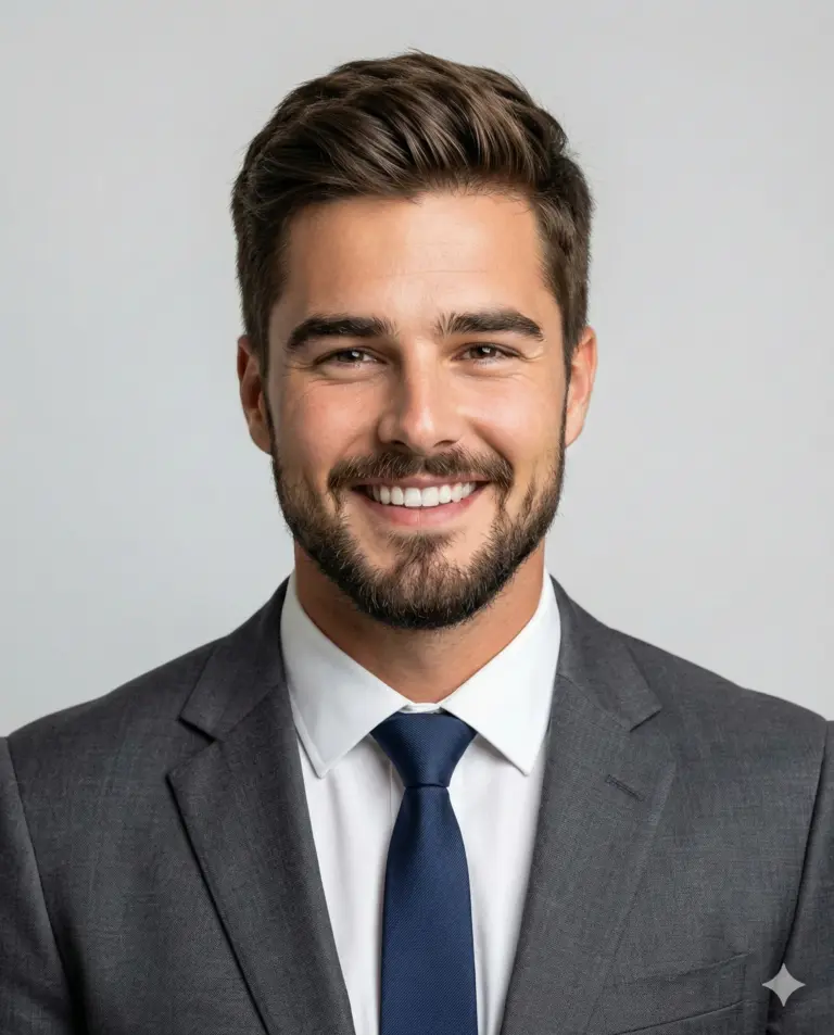 Professional headshot of a smiling man with a neat beard and brown hair, wearing a sharp grey suit, white shirt, and navy tie against a clean, light grey backdrop.
